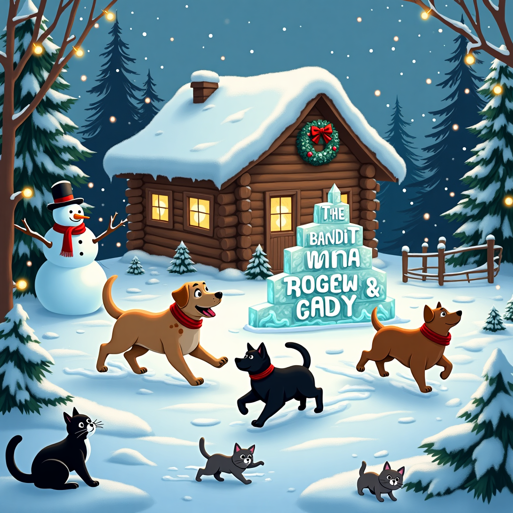In the heart of a picturesque winter wonderland, snowflakes gently dance from the sky, coating the landscape with a fresh blanket of snow. A charming log cabin, its roof dotted with twinkling fairy lights, nestles amid towering evergreen trees. In front of the cabin, a large, intricately carved ice sculpture stands proudly. It spells out the names "Bandit, Mira, Rocky & Cody" in elegant, icy script, glinting under the soft glow of the lights. Nearby, a jolly snowman, sporting a red scarf and a crooked top hat, smiles mischievously at the playful scene unfolding.

Bounding joyfully through the snow, a Labrador with orange spots on its eyes, ears, and body leads the charge. Its tail wags energetically, leaving a trail of paw prints behind. Chasing closely is a dark brown fluffy dog, its coat bouncing with each spirited leap. On a low branch of an evergreen tree, a black cat with a white shirtfront and a distinctive white stripe on its nose perches majestically, observing the antics below with a keen eye.

Scurrying beside the dogs, a small grey striped cat pounces from snow patch to snow patch, trying to catch the falling snowflakes in mid-air. Its tiny paws leave delicate prints in the soft snow. In the background, the cabin’s windows emit a warm, golden glow, hinting at a cozy fire inside. A wreath adorned with red berries and a red bow hangs proudly on the front door, completing the idyllic Christmas scene.
Generated with these themes: Labrador white dog with orange spot on eyes and ears and body, Dark brown fluffy dog, Black cat white shirtfront and white stripe on nose, and Grey striped small cat.
Made with ❤️ by AI.