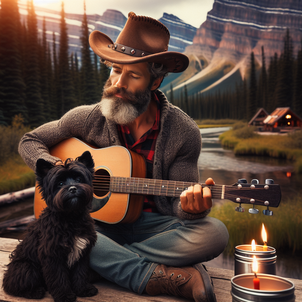 Generate an image illustrating a heartening scene set amidst the breathtaking ambience of the Canadian Rockies. Sitting at the heart is a rugged, Caucasian, slim man with a beard wearing a cowboy hat, tenderly playing a melodious tune on his guitar. Next to him, an enthralled black small dog is attentively listening, enriching the cosy and festive mood of the picture. The overall theme of the image is of a birthday celebration bathed in the splendor of nature.
Generated with these themes: Slim man with a beard and a cowboy hat in the Canadian mountains playing a guitar with a small black dog.
Made with ❤️ by AI.