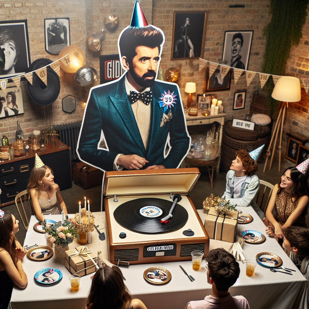 In this entertaining and detailed setting, guests gather around a life-sized cardboard cutout of a charismatic male pop star who is humorously adorned with a party hat. The birthday table is elegantly decorated with a record-player cake that's spinning a pretend sugar vinyl named 'Celebrations'. Around the room, fun party games like 'Pin the Guitar on the Star' instigate laughter, while the guest of honor opens carefully wrapped gifts that subtly reflect the theme of a popular British pop star.
Generated with these themes: Cliff Richard.
Made with ❤️ by AI.