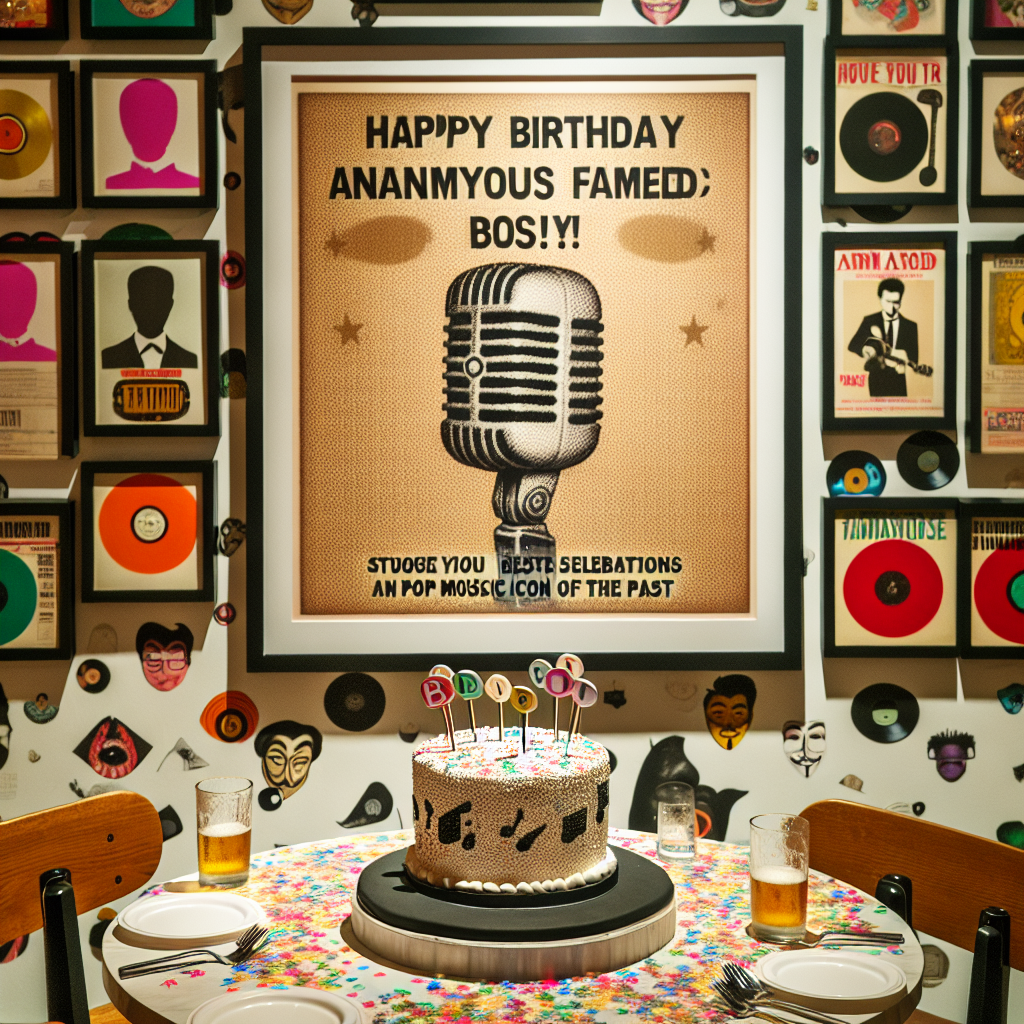The scene reveals a joy-evoking birthday bash. Central to the gathering is a detailed cake crafted in the model of an old-style microphone, celebrating an anonymous pop music icon of the past. Spotted through the air are confetti pieces that mimic the form of musical symbols. Wall hangings showcasing the art of unnamed famed album covers brighten up the room. A humorous detail is the karaoke setup stationed for guests to try and perform old pop hits, provoking laughs as off-tune versions reverberate within the space.
Generated with these themes: Cliff Richard.
Made with ❤️ by AI.