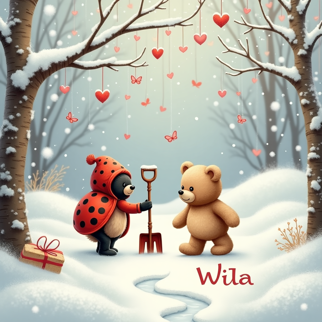 Please drawer a cold winters day. There is snow. A ladybug and a teddy bear hold hands walking in the snow. There is a pathway in the snow where a snow shovelling is. There is love in the air, Please make it snow love hearts and butterfly , A loveheart in the snow saying kocham Cie , and Christmas Card