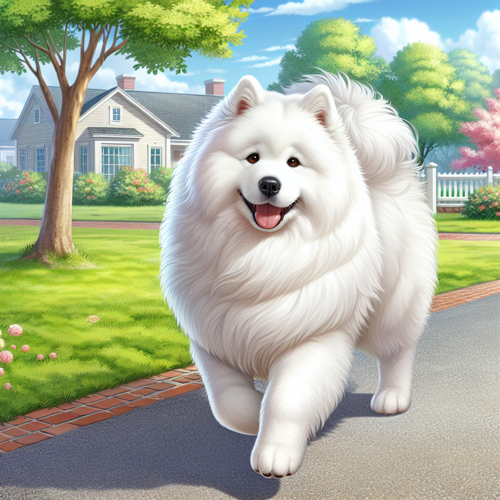 Compose an illustration of a heartwarming suburban scene where an adult Samoyed dog, characterized by its fluffy white coat, playfully prances around. Its skin beneath the coat shines with health and vitality. The dog's dark brown eyes project an amicable warmth, inviting onlookers to pause their journey and extend a friendly pat to this enchanting creature.
.
Made with ❤️ by AI.