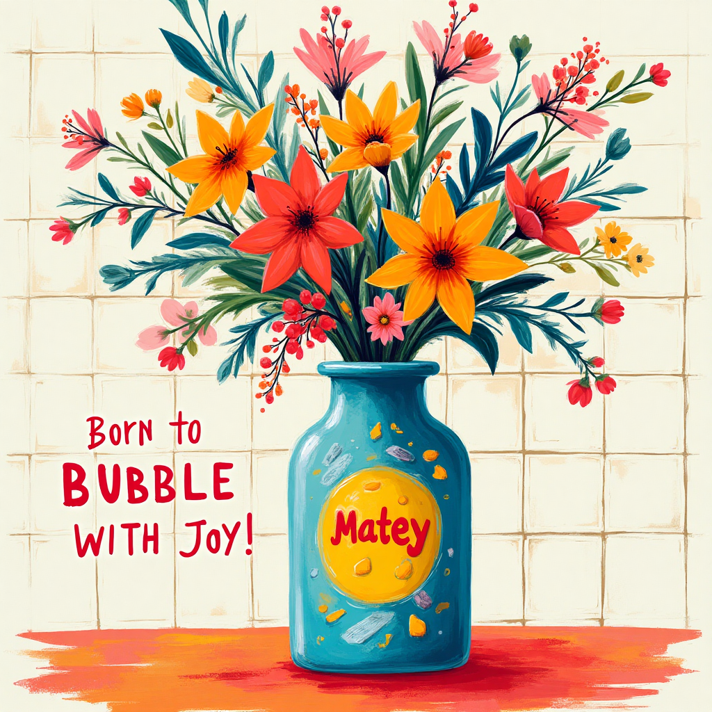 **Prompt for Image Creation:**

Imagine a nostalgic nod to the 1990s with a vibrant, abstract composition capturing the essence of a joyful new-baby celebration. In the forefront, a whimsical and colorful bottle of Matey bubble bath is creatively repurposed as a vase, bursting with a lively array of wildflowers. The abstract style transforms this scene into a playful dance of geometric shapes and fluid curves, interwoven with bold, high-contrast colors. The background reveals a subtly textured tiled wall that frames the scene with modern expressive art elements.

To add a cheeky touch to the abstract artwork, a single short line of text is artistically woven into the image: "Born to Bubble with Joy!" 

This greeting card front cover combines the nostalgia of the 90s with a contemporary artistic flair, perfect for celebrating the arrival of a new bundle of joy.
Generated with these themes: .
Made with ❤️ by AI.