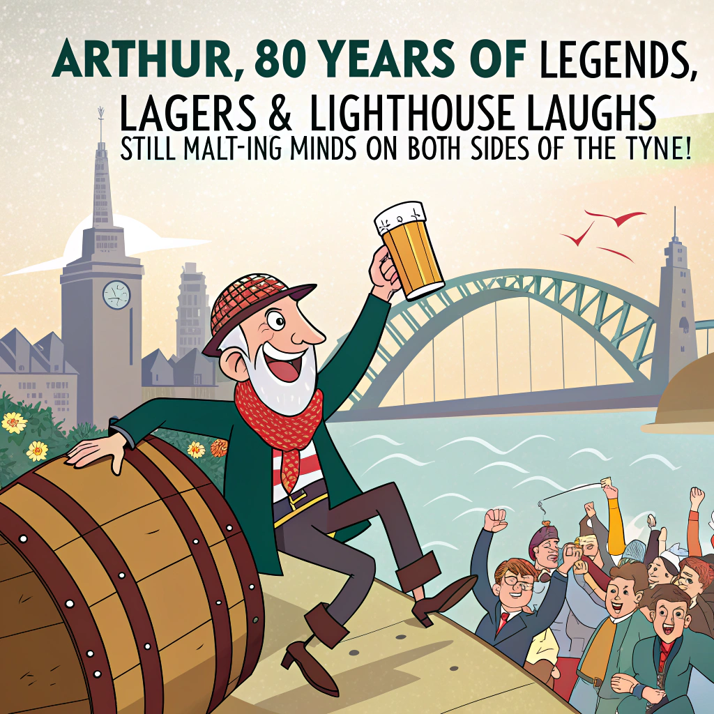 At the top of the image, "Arthur, 80 Years of Legends, Lagers & Lighthouse Laughs – Still Malt-ing Minds on Both Sides of the Tyne!"

- In the center of the image, create a whimsical, cartoon-style pub crawl parade across the Tyne Bridge featuring a cheerful older gentleman (Arthur) wearing a party hat and tartan scarf, hoisting a giant single malt whisky glass like a torch.  
- Arthur is riding a giant beer barrel like a noble steed, while a chorus line of dancing puffins (holding tiny pints) strut behind him, starting from Whitley Bay’s Spanish City, passing Tynemouth Abbey and heading toward Newcastle.
- St. Mary’s Lighthouse in the distance has candles lit on its roof like a giant birthday cake.
- Add funny street signs like “This Way to Malt-terhorn” and “Ale Aboard!”
- Tynemouth seagulls wear sunglasses and chant, “Arthur! Arthur! Ale yeah!”

At the bottom of the image, "Here’s to 80 years of top craic, bold bevs & Geordie greatness — you absolute Whis-keyring legend!"
Generated with these themes: Newcastle, Beer, Whitley Bay, Tynemouth, 80, Single Malt Whisky, Tyne Bridge, St. Mary's Lighthouse, Tynemouth Abbey, and Spanish City.
Made with ❤️ by AI.