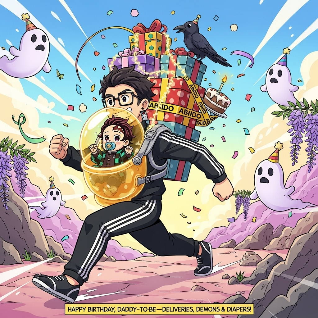 By boyfriend and I are expecting are first baby a little boy, he loves watching demon slayer and playing death stranding - will be drawn anime-style, wearing glasses and a black Adidas tracksuit with white stripes.  The theme will blend Death Stranding (he’s carrying a baby pod) and Demon Slayer (the baby’s wearing a tiny Demon Slayer haori)., and Birthday Card
