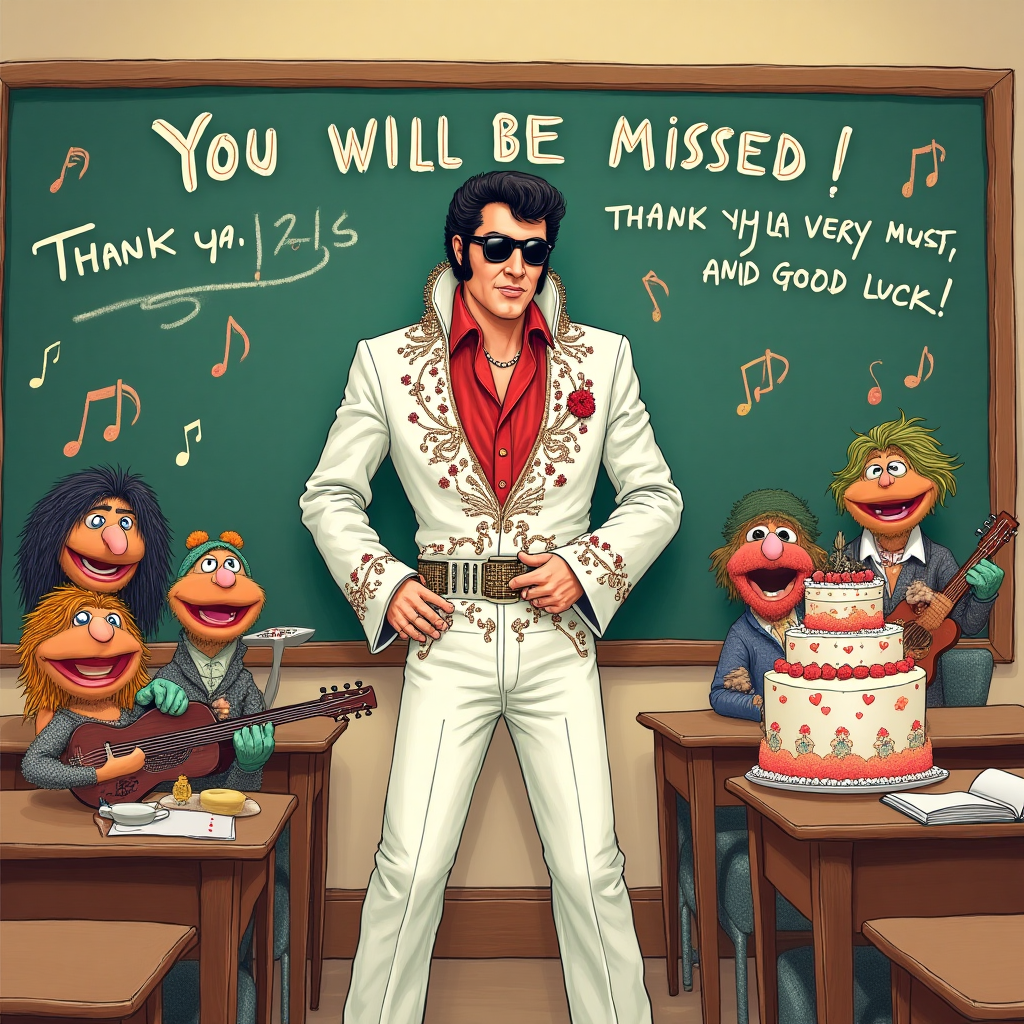 At the top of the Illustration Style image, include the text: "You will be missed!"

**Image Prompt:**

Create a humorous scene featuring a hand-drawn illustration of a whimsical classroom setting where Elvis Presley, wearing his iconic white jumpsuit and sunglasses, stands at the front of the class as the teacher. The classroom is filled with Muppet-like characters, each displaying exaggerated, playful features. One of the Muppets is holding a large, elaborate cake decorated with musical notes and a mini guitar as a farewell gift. In the background, a colorful chalkboard reads in playful, bold letters: "Thank ya, thank ya very much, and good luck!" The image should be rich with textures and warm colors, capturing a sense of fun and nostalgia.
Generated with these themes: Elvis, Teaching , The muppets , Cake, and .
Made with ❤️ by AI.