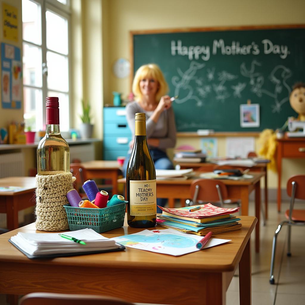 A bright, sunny classroom filled with small desks and children's artwork on the walls provides the backdrop to a humorous Mother's Day scene, devoid of any actual mothers. At the center stands a cluttered teacher's desk upon which a chilled bottle of Sauvignon Blanc tastefully rests, donning a quirky label that reads 'No.1 Teacher's Time Out'. Next to it, a crocheted wine cozy, complete with a Bermuda beaches theme, wraps another bottle, as if hinting at a much-needed vacation. Overflowing sewing baskets and vibrant spools of thread sit at one edge of the desk, alongside a stack of colorfully handcrafted Mother's Day cards presumably created by her primary school students. On the chalkboard behind, 'Happy Mother's Day' is sprawled in a child's handwriting, but amusingly, several doodled pigeons have been crossed out with a bold 'X', showcasing her dislike for the birds. A makeshift scarecrow props in the corner, hilariously sporting a blonde bob wig that mimics the teacher's own stylish haircut, perhaps a playful project gone rogue. Despite the cheerful chaos, a certain orderliness hints at the teacher being around the age of 50, well-versed in corralling creative messes.
Generated with these themes: Sauvignon Blanc, Crochet and sewing, Bermuda beaches, Primary school teacher, Hates pigeons , Blond bob hairstyle , and Age 50.
Made with ❤️ by AI.