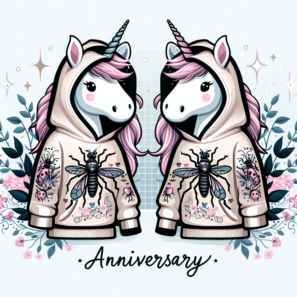 Create a heartwarming anniversary illustration featuring adorable unicorns with elegant tattoos. The art style showcases a magical celebration, displaying a soft and whimsical touch. These unicorns wear unique and stylishly designed hoodies, patterned with intricate insect and bug designs, merging fantasy with streetwear vibes.
Generated with these themes: My little pony, Tattoos, Art, Hoodies, Insects, and Bugs.
Made with ❤️ by AI.