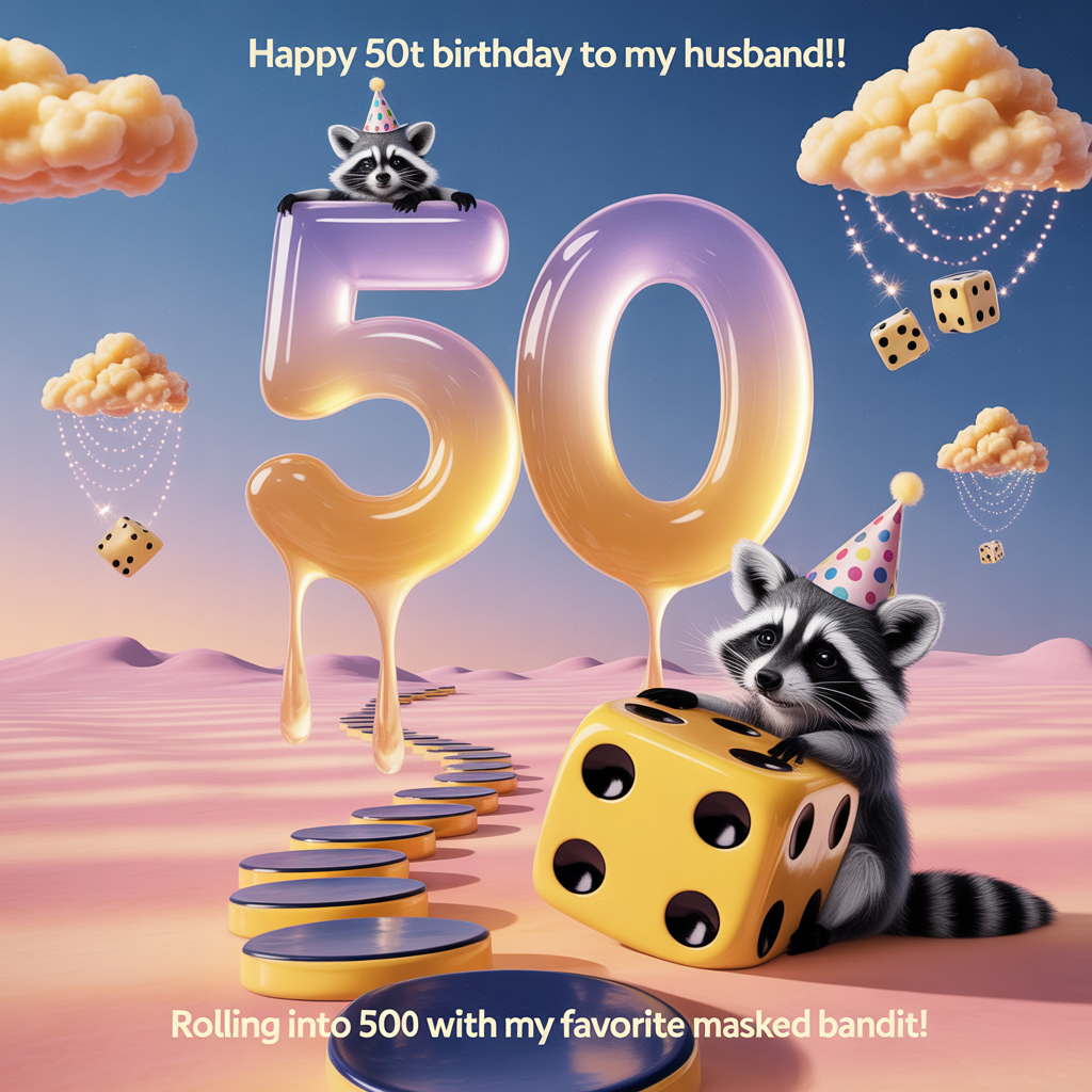 At the top of the Surreal Style image, "Happy 50th birthday to my husband!!"

At the bottom of the image, "Rolling into 50 with my favorite masked bandit!"

Center a dreamy, Dali-inspired scene: a gigantic translucent candy-glass “50” floats above a pastel desert-sky, softly melting like jelly under a buttery-gold glow. Two adorable raccoons with twinkly eyes and rosy cheeks are the stars—one, wearing a tiny paper crown and bow tie, lounges inside the zero like a moon-boat; the other, in a polka-dot party hat, gently nudges a colossal die that droops like warm wax. The die’s pips lift off as glowing dots, spiraling into constellations that read 50 in the cotton-candy sky.

Surround them with whimsical surreal details: oversized dice-as-clouds melting into sparkling streams; a ribbon road of stacked dice stepping-stones receding to the horizon; floating dice balloons on thin strings; confetti shaped like tiny pips and raccoon pawprints; a glassy puddle mirroring the luminous 50; a soft comet ribbon curving through the scene. Keep forms rounded and huggable for maximum cuteness.

Lighting and palette: ethereal, golden-hour rim light with gentle bloom; long delicate shadows; colors in lavender, mint, blush pink, and warm gold. Composition: generous airy sky for the headline; a misty ribbon of ground for the punchline; both lines set in playful, hand-lettered script, creamy white with a subtle gold shimmer and tiny drop shadow for readability.
Generated with these themes: 50, dice, raccoons, , and .
Made with ❤️ by AI.
