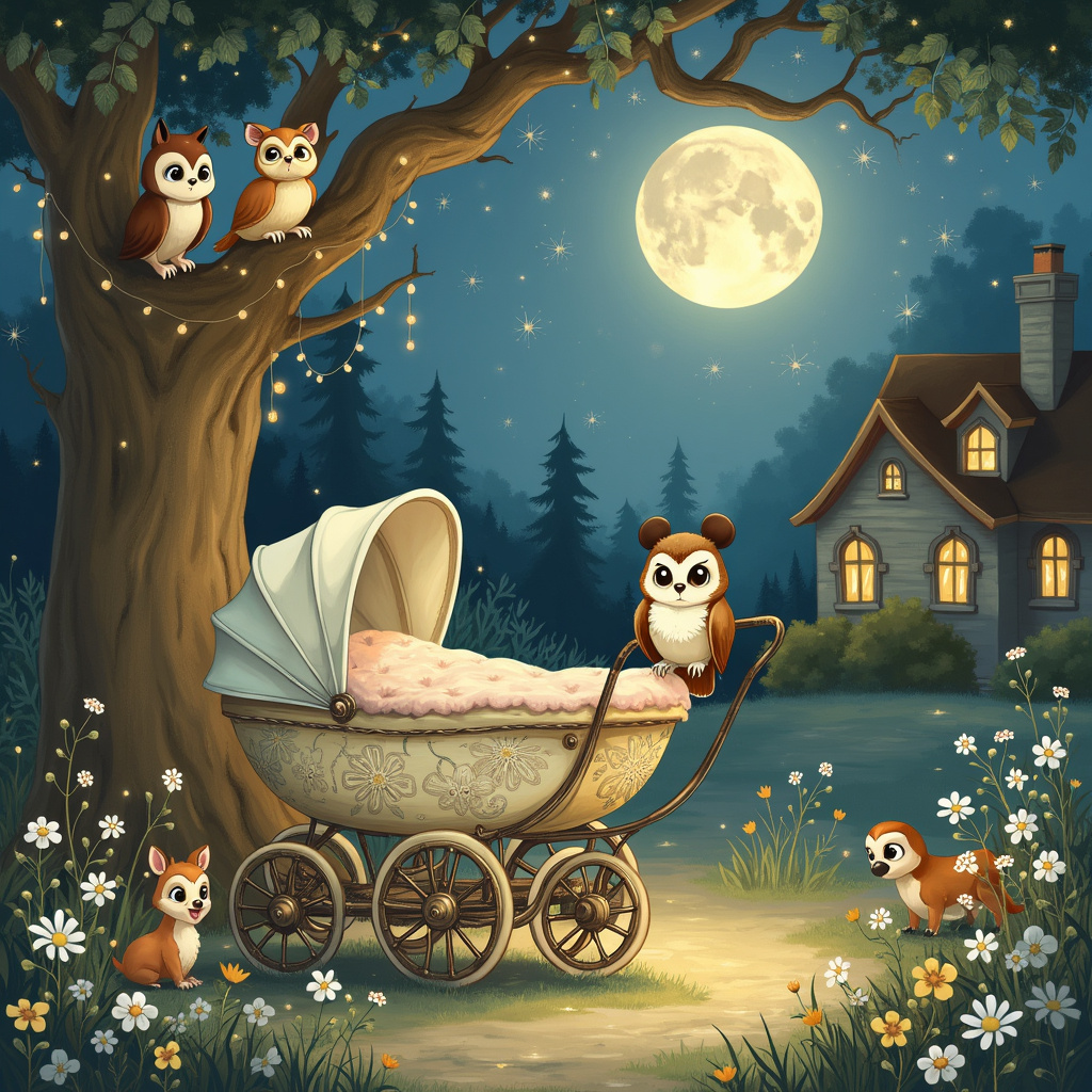 The illustration captures a moonlit forest clearing bathed in a soft, silvery light. At the heart of the scene is a charming, vintage pram with a Disney-inspired owl motif engraved on its sides. The pram is slightly open, revealing a cozy blanket adorned with tiny skull patterns, adding a whimsical and quirky touch. Perched on the handle of the pram is a small, wise-looking owl wearing a tiny Mickey Mouse hat, its large eyes twinkling with curiosity.

Surrounding the pram are several Disney-styled forest animals—Bambi, Thumper, and Flower—gathered in a circle, as if welcoming the new baby. Above them, nestled among the branches of an ancient, gnarled tree, more owls peek out, each with unique skull-themed accessories such as tiny skull-shaped spectacles or necklaces. One of the branches is draped with fairy lights, casting a magical glow over the scene.

In the background, you can see a quaint, Rockwell-inspired cottage with a warm light emanating from the windows, hinting at the cozy, loving home awaiting the new arrival. The foreground features a patch of Beatrix Potter-esque flowers, intricately detailed with delicate leaves and petals, adding a touch of nature's beauty to the composition.

The sky is filled with twinkling stars, some forming subtle Disney character constellations like Mickey, Minnie, and Donald, adding a touch of enchantment to the night sky. A soft breeze rustles the leaves, causing the fairy lights to gently sway and create dancing shadows on the ground.

Every element in the scene is meticulously detailed, from the texture of the owl's feathers to the intricate patterns on the skull-themed blanket, merging the themes of owls, skulls, and Disney into a cohesive and enchanting celebration of new life.
Generated with these themes: Owls, Skulls, and Disney.
Made with ❤️ by AI.