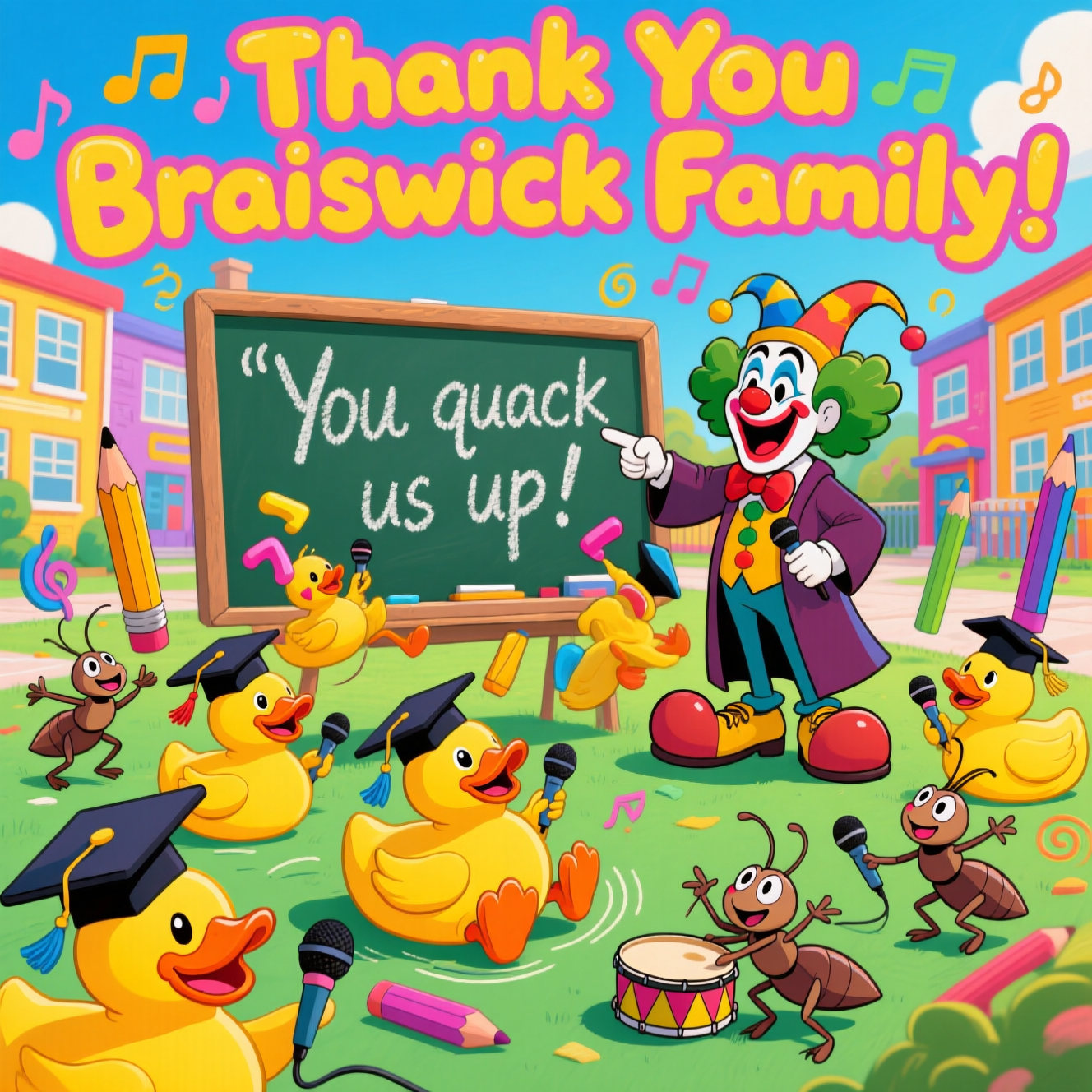 At the top of the Cartoon Style image, write in bold, playful bubble letters: **Thank You Braiswick Family**.  

Create a vibrant, funny cartoon scene set in a whimsical schoolyard: a group of cheerful yellow rubber ducks wearing tiny graduation caps, juggling colorful school supplies, while a few mischievous crickets dressed as class clowns leap around telling jokes with tiny microphones. A smiling joker character, wearing a teacher’s gown but with oversized comedy shoes, is pointing at a giant chalkboard that says in bright, chalky letters: *"You quack us up!"*. The ducks are mid-laughter, some rolling over in hilarity, while the crickets play little drum rimshots. The background is filled with exaggerated, bright-colored school buildings, bouncing pencils, and swirling music notes. Bold thick outlines, saturated colors, and over-the-top cartoon expressions make everything pop with fun, silly energy.
Generated with these themes: Thank You, School rubber ducks crickets insects joker, and .
Made with ❤️ by AI.