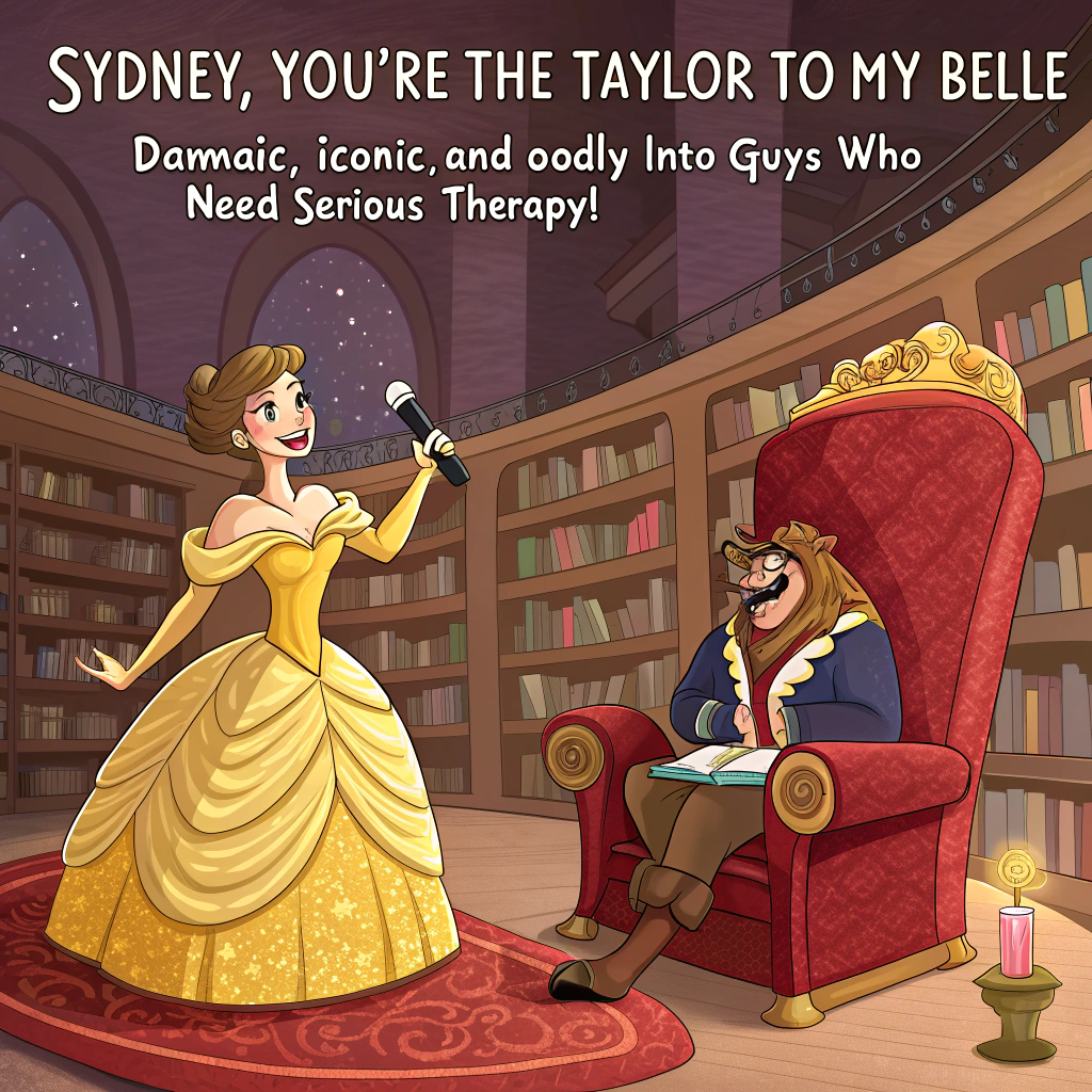 At the top of the image, "Sydney, you're the Taylor to my Belle—dramatic, iconic, and oddly into guys who need serious therapy!"

- Depict a cartoon-style mashup scene in a whimsical enchanted library: one half is Belle in her yellow gown, belting out a heartfelt love ballad, while the other half shows Taylor Swift in a sparkly red concert outfit, twirling dramatically with a mic in one hand and a magic rose in the other.  
- Beast sits in the background on a velvet throne looking confused and clutching a guitar, wearing a friendship bracelet that says “Sydney’s Valentine.”  
- Cupids float above shooting glittery arrows of "Enchanted" song lyrics into hearts that are shaped like roses.
Generated with these themes: Taylor swift and belle.
Made with ❤️ by AI.
