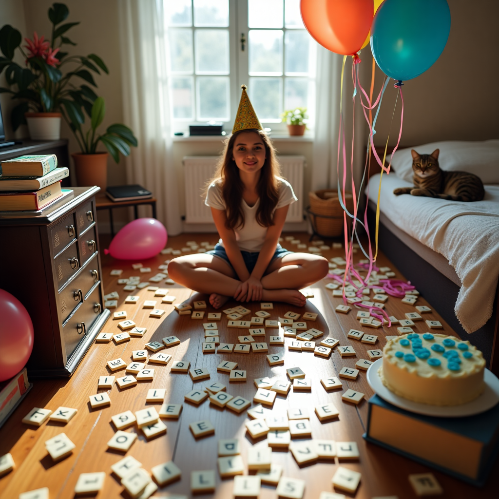 At the top of the realistic photograph image, "Happy Cassie 18th Birthday—You’ve Finally Connected All the Words… But Still Can’t Find Your Keys!"

**Prompt for image generation:**

A realistic photograph of a chaotic bedroom scene that humorously mimics the STRANDS NYT puzzle interface—only it’s made entirely out of real objects. Cassie, an 18-year-old wearing a party hat and surrounded by birthday balloons, sits cross-legged on the floor amidst scattered Scrabble tiles, tangled birthday streamers forming word paths on the floor and furniture. A half-eaten cake rests precariously on a dictionary, while her cat smugly lounges atop a stack of crossword puzzle books. Her phone flashes with "Daily Streak Broken!" in the corner. There’s a noticeable pile of actual keys mixed into the letter tiles on the floor—none of which she can find. Lighthearted, witty chaos fills the frame with realistic textures, funny birthday details, and the feel of a birthday morning for a word-game addict. Natural lighting with pops of festive color, the scene looks like it was candidly snapped mid-birthday puzzle panic.
Generated with these themes: STRANDS NYT GAME.
Made with ❤️ by AI.
