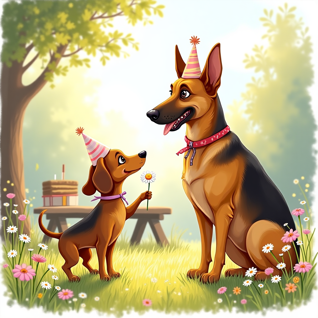 At the top of the Illustration Style image, write in warm, flowing hand-lettered script: **Happy Birthday Clair**.  

A hand-drawn, heartfelt illustration of a joyful scene in a sun-dappled garden: a cheerful Dachshund with long floppy ears and soulful eyes stands on tiptoe, gently offering a daisy to a tall, graceful German Shepherd who smiles back warmly. The German Shepherd is wearing a simple pastel party hat slightly askew, and the Dachshund has a ribbon tied around its neck. Soft sunlight filters through leafy branches, casting gentle shadows on the grass, while wildflowers bloom around them in a palette of warm golds, soft pinks, and calming greens. In the background, a wooden picnic table is set with a small cake and a few wrapped presents. The illustration has fine, hand-drawn linework and textured brush strokes, with a warm, expressive color palette that conveys sincerity, affection, and celebration.
Generated with these themes: Dashaund and German shepherd , and .
Made with ❤️ by AI.
