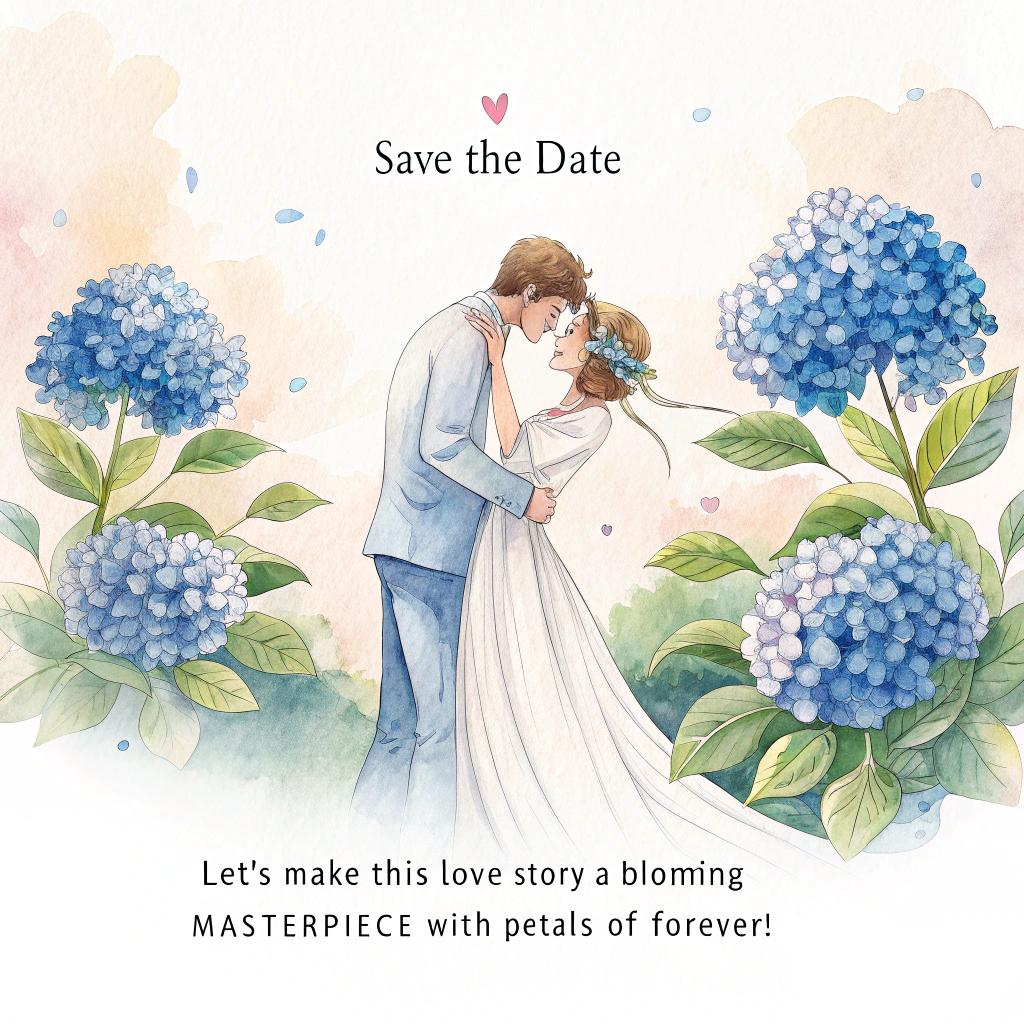 Wedding save the date card with blue hydrangeas painted in watercolor, and Wedding Card