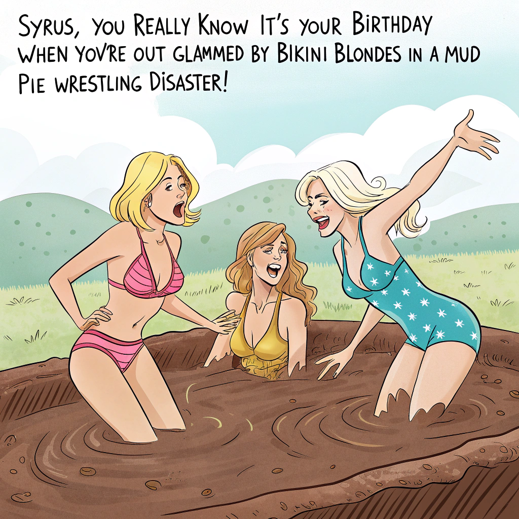 Blonde Bikini Girls, and Mud Bath Humiliation Birthday Card
