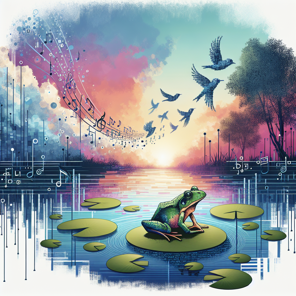 Create an image of an enchanting birthday scene with an abstract twist, where technology and nature harmoniously intertwine. Visualize a whimsical, digital frog in the process of leaping across lilypads that appear to float on an ethereal, pixelated water body acting as a pond. In the sky overhead, display abstract birds in flight across a sky painted with a gradient consisting of sunset hues. Accompany the flight of the birds with musical notes and binary code representations that signify their chirps. Depict nature through trees that have circuit-lined leaves, merging the organic with the technological aspects, creating a one-of-a-kind birthday environment.
Generated with these themes: AI, Frogs, Outdoors, and Birds.
Made with ❤️ by AI.