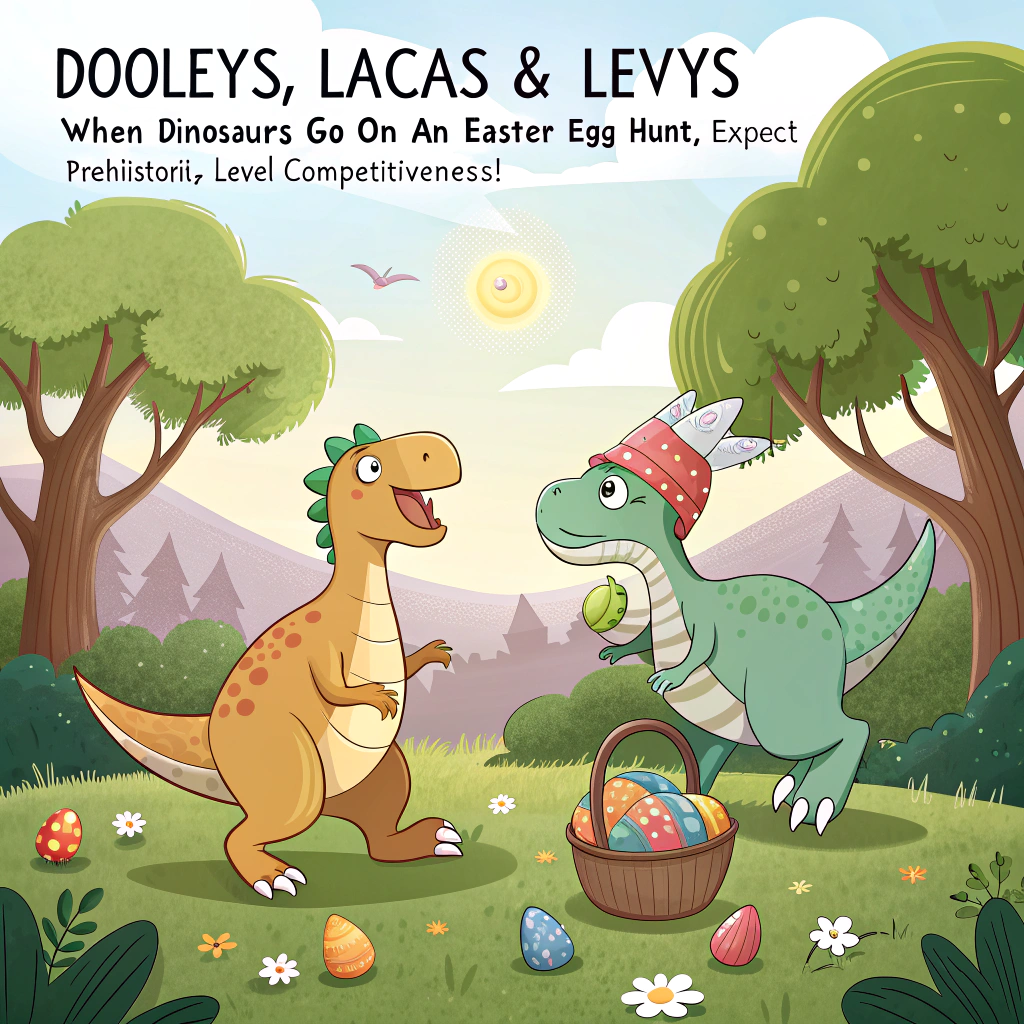 At the top of the image, "Dooleys, Lacas & Levys—when dinosaurs go on an Easter egg hunt, expect prehistoric-level competitiveness!"

- The realistic photograph features a sunlit park setting with towering trees and lush grass.
- In the center of the scene, several life-sized dinosaurs (including a raptor in a floral bonnet, a T-Rex holding a tiny basket in its tiny arms, and a triceratops wearing bunny ears) are fiercely and hilariously scouring the area for pastel-colored Easter eggs.
- Scattered eggs glint from under bushes, behind tree trunks, and even tucked into a T-Rex footprint.
- In the background, a velociraptor proudly shows off a golden egg to a frustrated-looking stegosaurus.
- Some eggs are hilariously crushed under the dinosaurs’ weight, adding to the comic tone.
- The overall color scheme is vibrant springtime hues with a playful energy.
Generated with these themes: easter egg hunt with dinosaurs.
Made with ❤️ by AI.