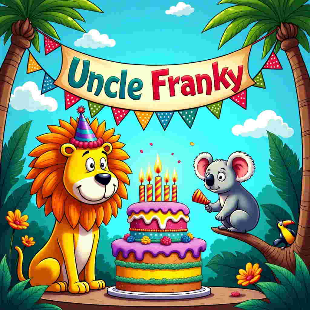 In the center of the card, illustrate a vibrant and whimsical jungle setting under a bright, cartoonish blue sky, dappled with puffy white clouds and an occasional rainbow arcing playfully across the scene. Set in the foreground, a large, exaggerated birthday cake towers with layers of whimsical, wobbly frosting in bold hues of electric purple, neon green, and sunshine yellow. The cake is dotted with oversized, colorful candles shooting out sparkling confetti.

To the left of the cake, depict a lion with an exaggeratedly large, bushy mane of gold and orange that flares out like a flamboyant sunburst. The lion is comically wearing a tiny party hat perched on its head, decorated with red and blue stripes. Its eyes are wide and cartoonish, reflecting a playful, expressive nature reminiscent of the style of Bill Watterson.

On the right side of the cake, create a charming koala with oversized, fluffy ears and an adorably rotund body covered in a soft, gray-blue fur. The koala is comically balanced on a wobbly branch, peeking down curiously at the cake, holding a festive noisemaker in its paw.

Across the top of the card, string a vibrant banner through the scene with the text "Uncle Franky" cheerfully emblazoned in bright, bold letters that resemble the joyful style of Charles Schulz. The banner is festooned with bright, polka-dotted flags in varying primary colors—red, yellow, and blue.

In the background, a lush jungle landscape unfurls with lush, exaggeratedly large tropical leaves in vivid greens, dotted with colorful flowers in magenta and orange. There's a hint of whimsy with a few cartoonish toucans with oversized beaks peeking out from the leaves, adding an extra layer of detail and humor inspired by the playful style of Gary Larson.

Overall, the scene should be a lively, detailed tapestry of vibrant colors and exaggerated features, evoking a sense of joyful animation and creative absurdity.
Generated with these themes: Lion, and Koala.
Made with ❤️ by AI.