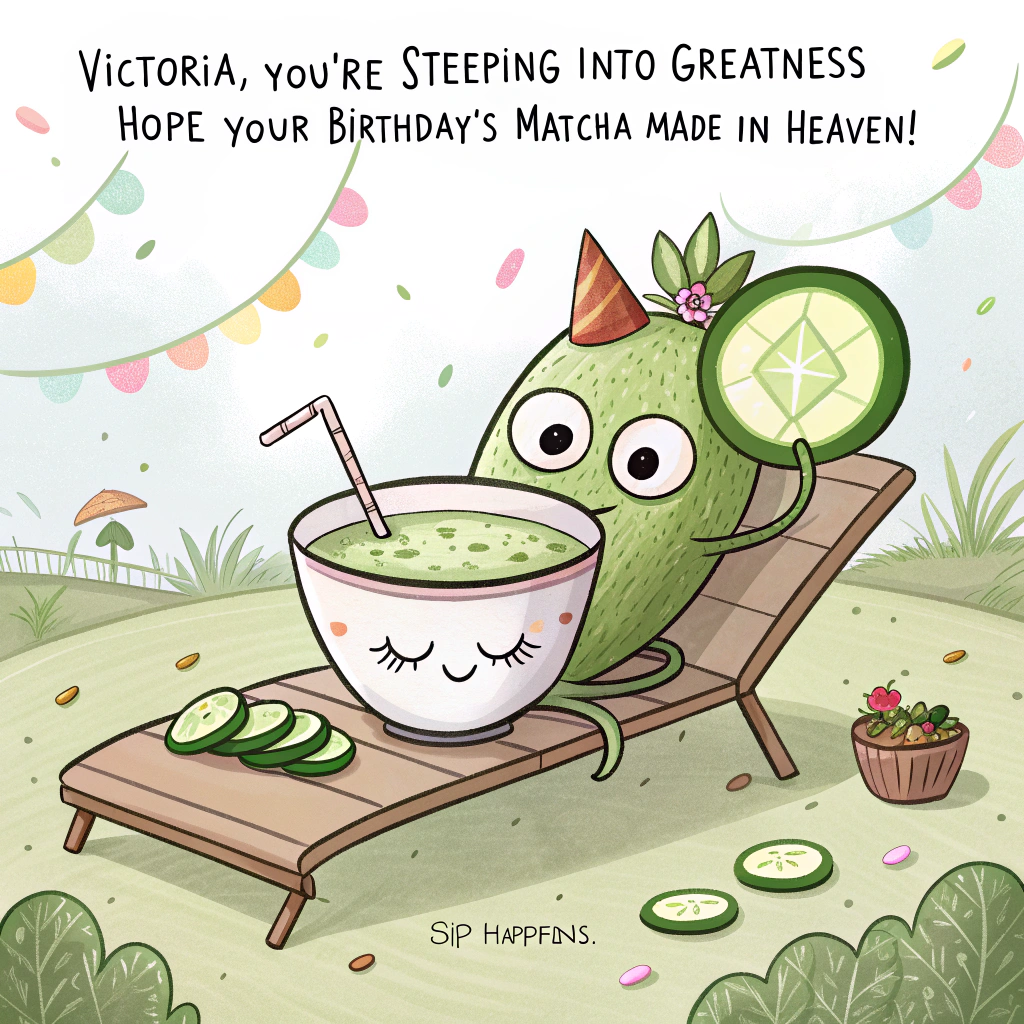 At the top of the image, "Victoria, you're steeping into greatness — hope your birthday's Matcha-made in heaven!"

– In the center of the image, illustrate a cheeky cartoon-style matcha teacup with big googly eyes and a sassy smirk, reclining in a zen garden on a tiny lounge chair, wearing cucumber slices on its "face" and sipping from a straw in a coconut. Around it, smaller tea leaves wearing party hats dance joyfully with confetti raining down.

– At the bottom of the image, add: "Sip happens... but birthdays taste better with Matcha and mischief!"
Generated with these themes: Matcha .
Made with ❤️ by AI.