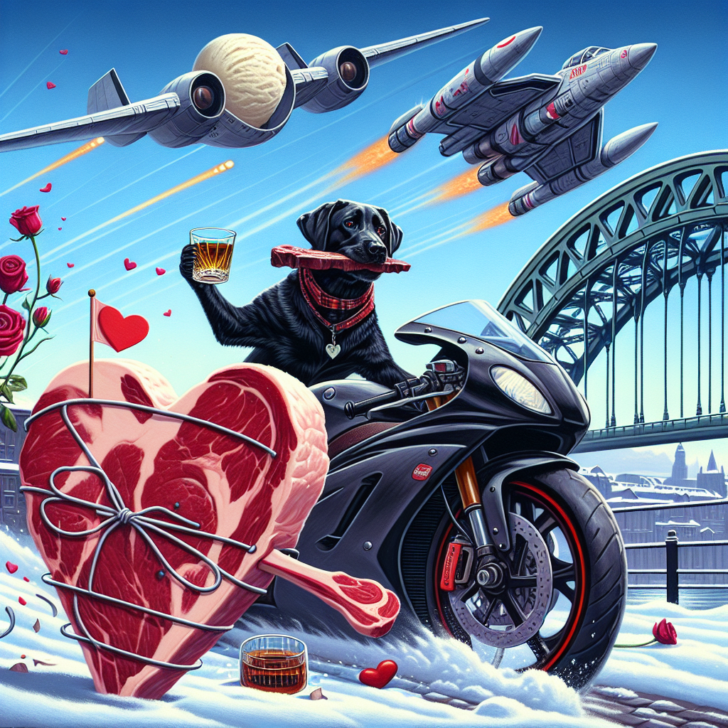 Black Labrador drinking whiskey riding a sports motorbike, Tyne bridge, Star wars, X wing fighter, Whiskey, Heart shaped steak, Vanilla ice cream, and Snow Valentines-day Card