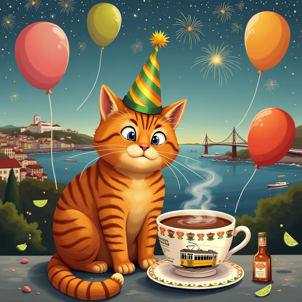 A rotund ginger cat sits in the center of the image wearing a party hat, its fur a bright orange with distinctive darker stripes. Next to it, a large, festively decorated mug of steaming coffee rests on a saucer, adorned with images of Lisbon's iconic yellow tram on the outside and a small layer of crema on the top. In the background, colorful balloons bob in the air, each tethered to miniature bottles of tequila with lime slices perched on their rims. The skyline of Lisbon, identifiable by the São Jorge Castle and the 25 de Abril Bridge, stretches across the horizon, all under a sky filled with fireworks that resemble sparklers.
Generated with these themes: Fat ginger cat, Coffee , Lisbon, and Tequila .
Made with ❤️ by AI.