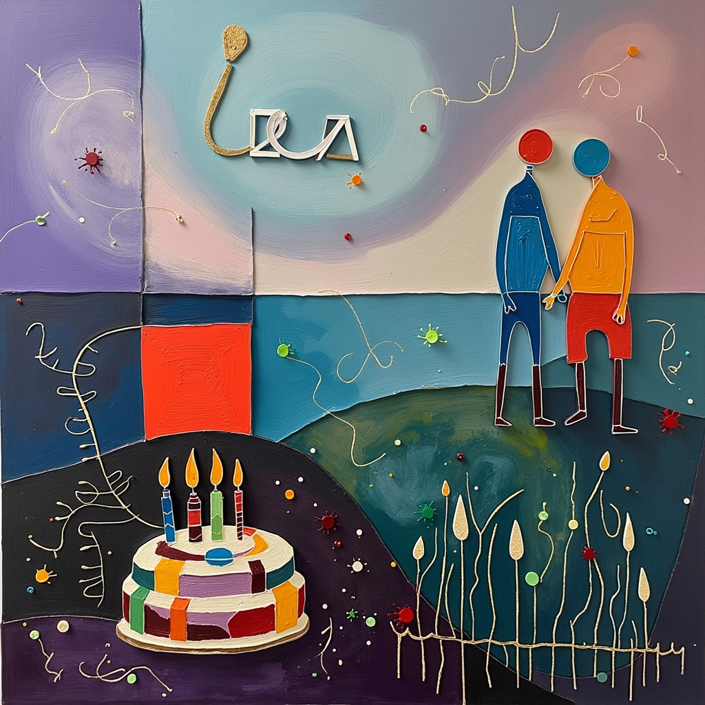 Imagine a dynamic and abstract birthday scene on a greetings card, with each element thoughtfully placed to tell the story of Iza's life and family. The background is a Rothko-inspired blend of deep, rich hues of purple and blue, with soft gradients merging into one another, giving the scene a tranquil yet profound depth.

In the foreground, two geometric figures represent Iza's two boys. One is a bright red square with lively yellow squiggles darting across its surface, inspired by Joan Miró's playful lines. The other is a blue circle adorned with vibrant green and orange splashes, reminiscent of Pollock's energetic style. These shapes are placed slightly off-center to the right, engaging in an abstract dance that symbolizes the energy and joy her boys bring into her life.

To the left, an angular figure inspired by Mondrian's style represents her husband. This figure is composed of a series of interlocking rectangles in black, white, and primary colors, suggesting strength and structure, yet with a harmonious balance that conveys his supportive nature.

Above them, the sky is a serene expanse inspired by Agnes Martin's minimalist grids, overlaid with delicate lines and soft, pastel colors that symbolize health and tranquility. In the center of the sky, the name "Iza" is written in cursive script formed by elegant, swirling clouds, each letter a different shade of pastel, merging seamlessly into the ethereal backdrop.

In the lower portion of the card, there is a Kandinsky-inspired abstract representation of a birthday cake. The cake is an assemblage of vibrant shapes and lines, with concentric circles and triangles, in bold colors such as red, yellow, and blue. The candles are represented by dynamic, twisting lines in gold and silver, reaching upwards towards the sky.

Interspersed throughout the scene are small, Pollock-like splatters and drips of paint in various colors, symbolizing the unpredictability and vibrancy of life. Hidden amongst these splatters are subtle symbols of health, such as a green cross or a heartbeat line, woven seamlessly into the abstract background.

This abstract yet meaningful scene, with Iza’s name creatively inscribed in the sky, combines elements from different artists to create a unique and personalized birthday greeting that celebrates her family and the essence of her life.
Generated with these themes: Her two kids (boys) and husband, and Health.
Made with ❤️ by AI.