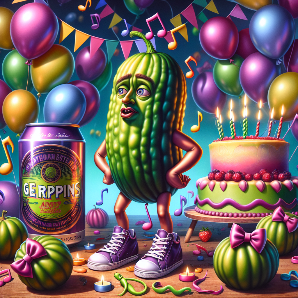 A whimsical birthday scene unfolds in vibrant colors where an amusing cartoon character with the physique of an average man is the center of attention amidst an array of gherkin-shaped balloons. Musical notes gently float through the air, symbolizing a festive mix of foot-tapping music. At the feet of the cartoon character, there is a collection of cartoon sneakers, each adorned with playful bows. In the heart of the scene, a cake takes the spotlight, topped with a radiant can of a popular dark fruit flavored cider, denoting the celebratory beverage.
Generated with these themes: Peter Kay, Gherkins, Music, Strongbow Dark Fruits, and Trainers.
Made with ❤️ by AI.