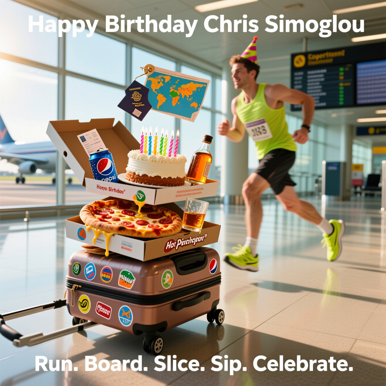 PIZZA, PEPSI COLA, RUNNING, BOURBON, BIRTHDAY CAKE, TRAVEL, and Birthday Card