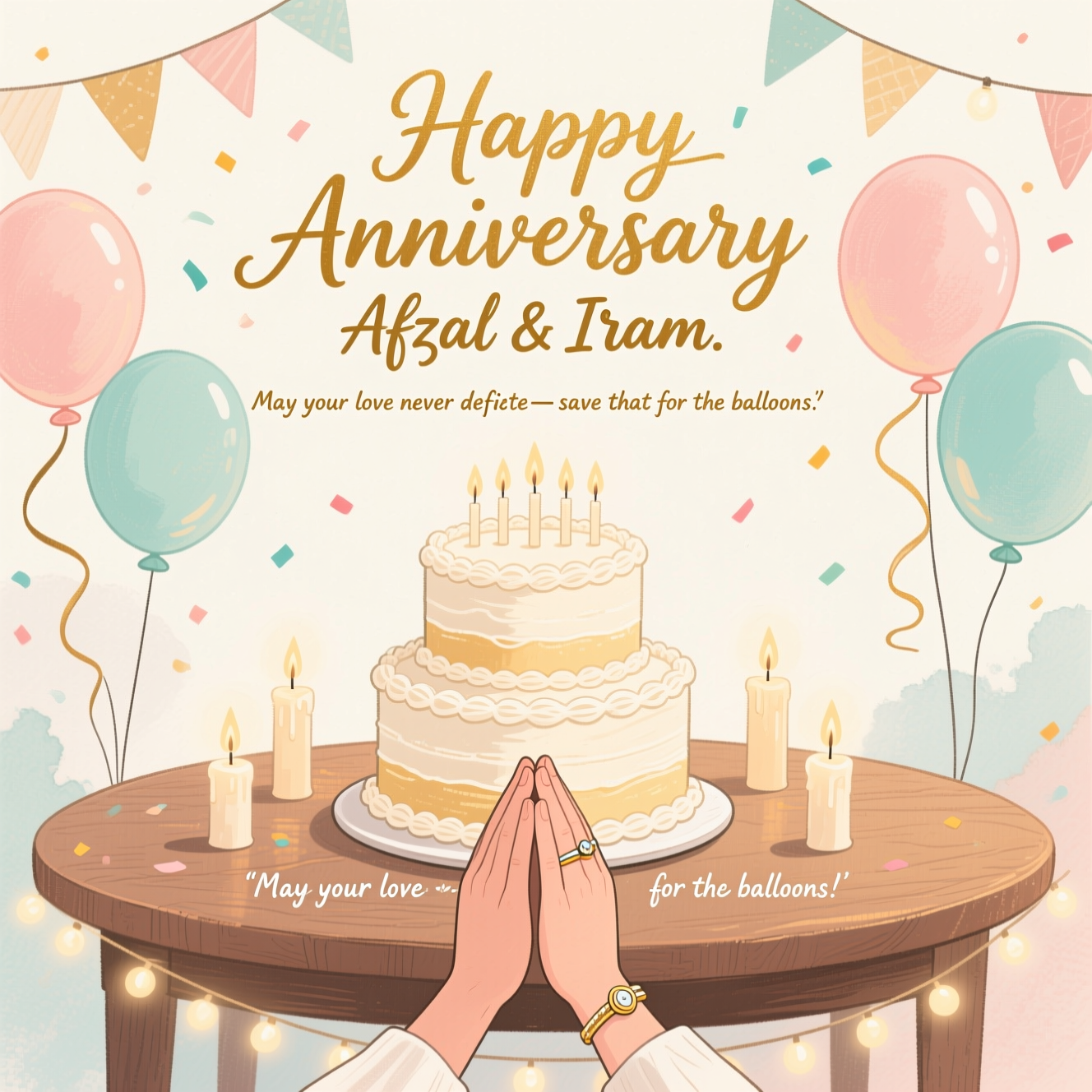 At the top of the Illustration Style image, "Happy Anniversary Afzal & Iram."

At the bottom of the image, "May your love never deflate—save that for the balloons."

Hand-drawn illustration with fine linework, textured brush strokes, balanced composition, and a warm, expressive color palette (ivory, blush, champagne gold, soft teal). Center a three-tier buttercream cake on a wooden table, candles softly aglow and catching highlights. Around the cake, pastel balloons with curling ribbons rise in gentle arcs, framing the headline; a few floating confetti flecks and delicate bunting hint at a cozy party. In the foreground, two gently clasped hands in a quiet prayer of gratitude, wedding bands glinting in the candlelight. Soft string lights and a watercolor wash background create an intimate, sincere mood with a subtle vignette. Render the headline in elegant hand-lettered script (warm gold ink), and the punch-line in a smaller, friendly brush script anchored near the base, keeping the scene thoughtful yet celebratory.
Generated with these themes: Pray, baloons, cake, party, and .
Made with ❤️ by AI.