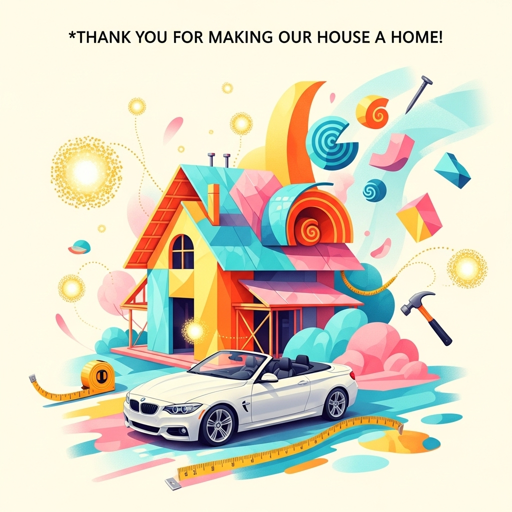 Home design, home construction, fireflies, white BMW convertible, tape measure, hammer and nail, and Thank-you Card
