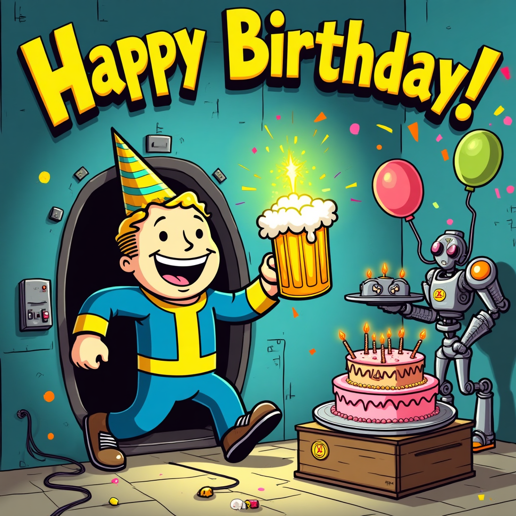 At the top of the Cartoon Style image, "Happy Birthday" in big chunky retro‑futuristic bubble letters with thick black outlines and a cheerful yellow glow

A funny, playful, Fallout‑inspired retro‑futuristic party scene in vibrant cartoon style: a grinning vault dweller with an oversized head and expressive eyes bursts out of a bunker door wearing a pointy party hat. Exaggerated proportions, thick black outlines, bright saturated colors, energetic pose. In one oversized hand they hoist a frothy beer mug that glows a mischievous radioactive green; in the other they balance a towering birthday cake shaped like a cute mushroom cloud, frosted neon pink and lime with tiny rocket‑shaped candles. A friendly floating robot butler (three spindly arms, also wearing a party hat) offers a PlayStation controller on a silver tray while another arm pours more beer into a gleaming mug. Nearby, a scuffed retro console with glowing triangle/circle/cross/square symbols sits on a crate; those symbols explode into colorful confetti midair, mingling with bottle caps and balloons. The vault dweller’s wrist gadget cheekily resembles a chunky game controller. Background: sunny, whimsical 1950s retro‑futuristic ruins decorated with bunting and streamers; no danger, just goofy, celebratory wasteland vibes. Bold cel‑shading, glossy highlights, palette of cobalt blue, neon yellow, hot pink, lime green, and warm orange. Portrait orientation, large central composition, clean negative space for text, high contrast, crisp line art, comedic details.

At the bottom of the Cartoon Style image, add a small cheeky caption: "Press X to blow out the candles!"
Generated with these themes: Fallout, Beer, Cake, Playstation, and .
Made with ❤️ by AI.