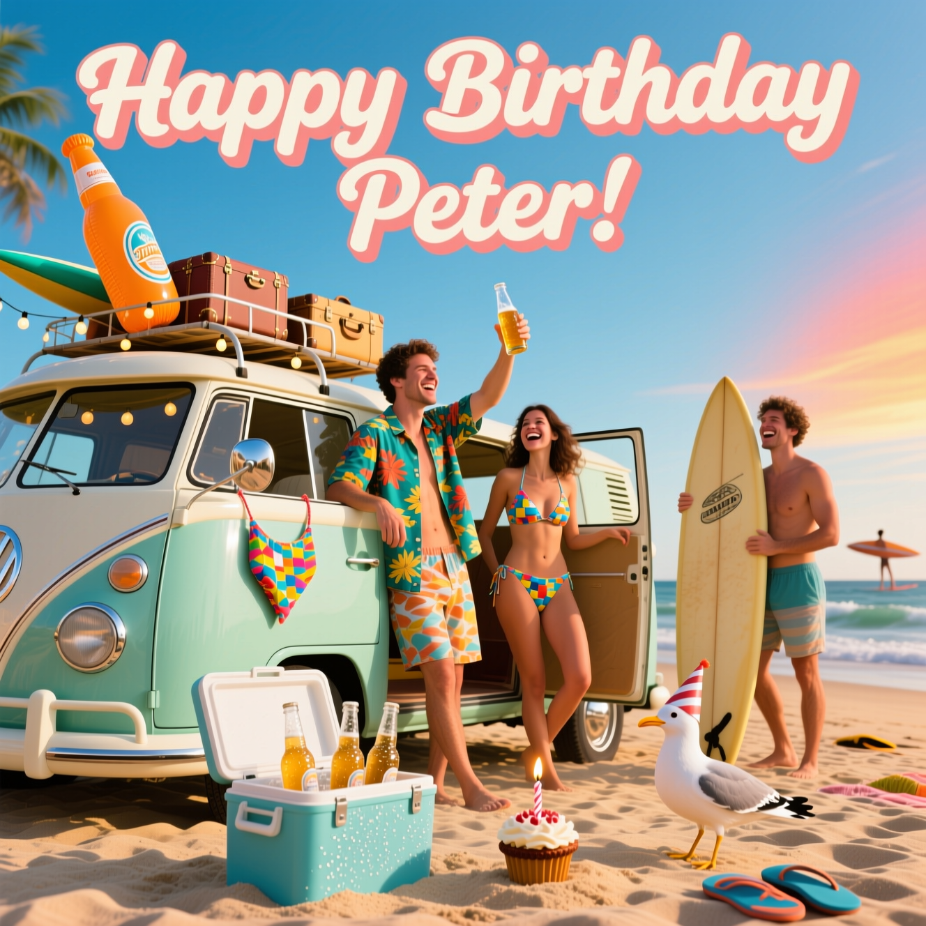 VW Bulli beach beer bikini, and Birthday Card