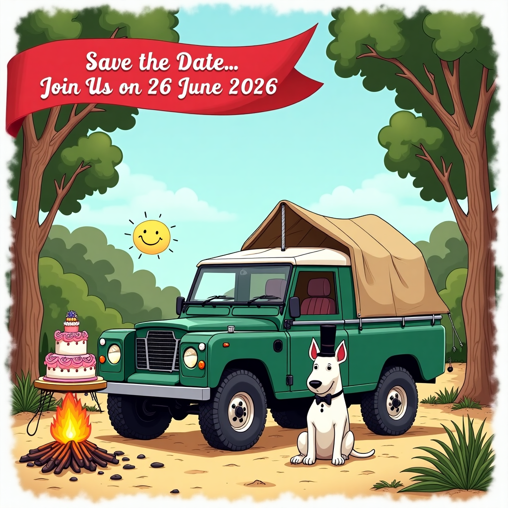The front cover of the wedding greeting card bursts with vibrant colors and whimsical cartoon style, blending elements in an imaginative way reminiscent of Charles Schulz and Bill Watterson, with a touch of Hergé’s crisp lines.

**Central Focus**: A classic Land Rover Defender 90 Series takes center stage. The Land Rover is painted in an eye-catching forest green with a white roof. Its features are exaggerated, giving it oversized wheels and a larger-than-life presence. It’s parked on a sandy patch surrounded by scattered gum leaves and iconic Australian bush elements, like eucalyptus trees, rendered with simple, bold strokes.

**Foreground**: In the foreground, a cheeky English Bull Terrier sits proudly next to the Land Rover. Its features are caricatured, with an oversized nose and playful ears standing at attention. The Bull Terrier sports a tiny, comical top hat and a bow tie. By its side, a slice of cake precariously balances on a rugged camping table, which is attached to the side of the Land Rover. The cake is multi-tiered, lavishly decorated with thick swirls of pink and white frosting, and topped with a miniature model of the Land Rover and the Bull Terrier.

**Background**: The backdrop is a sprawling depiction of the Australian bush. Lush, stylized trees with exaggerated leaves frame the scene, and a clear blue sky stretches overhead. A sun with a smiling face peeks from the corner, adding a whimsical touch.

**Details**: On the left, a small camping tent is set up, humorously resembling the shape of the Land Rover’s roof, with bulging canvas sides. Nearby, a campfire crackles with cartoonish flames, a tiny kettle hanging above it.

**Text Element**: A bright red banner unfurls across the top of the scene, fluttering between two eucalyptus trees. In playful, bold lettering reminiscent of Schulz's comic strips, it reads: “Save the Date Join Us on 26 June 2026.”

The card is packed with playful details, each element blending seamlessly into a scene that invites a sense of fun and adventure, perfect for celebrating the upcoming wedding date.
Generated with these themes: Land Rover Defender 90 Series, English Bull Terrier, Australian Bush, Camping, and Cake.
Made with ❤️ by AI.