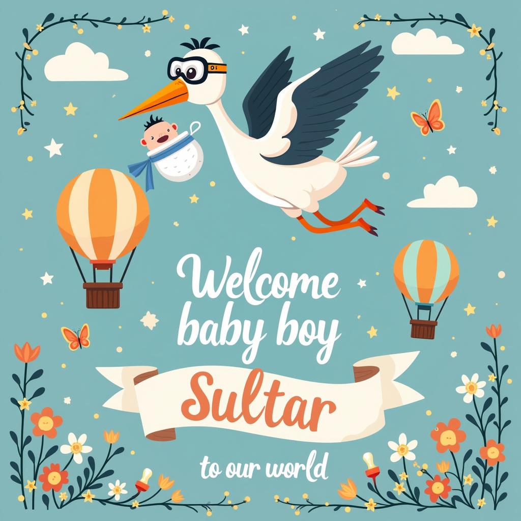 A whimsical, cartoon-style vector illustration depicting a sky blue background, scattered with soft white clouds and twinkling stars. In the center, a stork, dressed as a pilot with goggles and a scarf, is flying across the scene, gently carrying a white bundle with a blue ribbon. The bundle contains the baby boy Sultan, peeking out with tufts of black hair and a pacifier. Below, a playful banner flutters, the edges tied to two floating hot air balloons painted in soft shades of blues and greens. Relevant baby items, like a rattle, baby bottle, and a teddy bear float around playfully in the air. The centerpiece of the design is the welcoming text artfully arranged across the banner, reading 'Welcome baby boy Sultan to our world' in a fun, childlike font. The border of the scene is framed with a vine of baby-blue flowers and tiny, colorful butterflies fluttering around.
Generated with these themes: Welcome baby boy sultan to our world .
Made with ❤️ by AI.