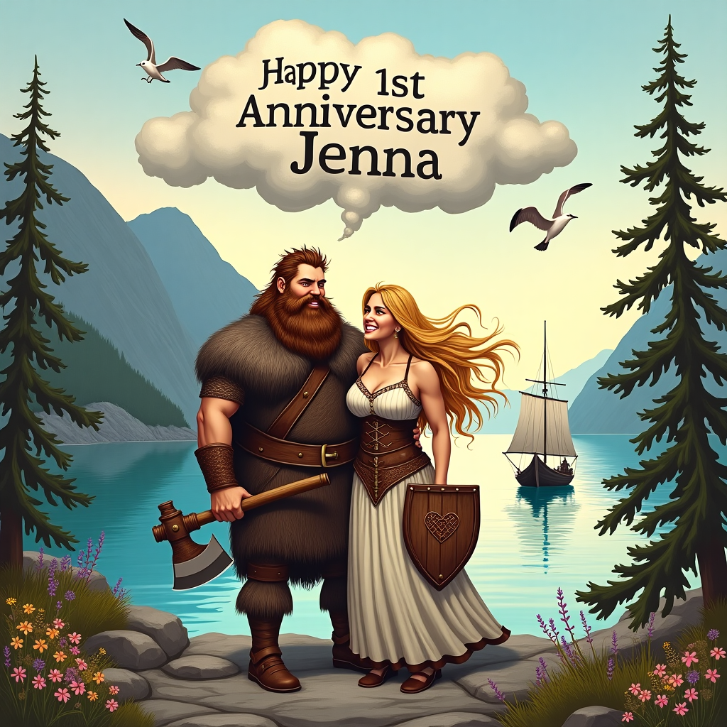 Viking man with brown beard and viking woman with blonde hair and big bust holding each other Anniversary Card