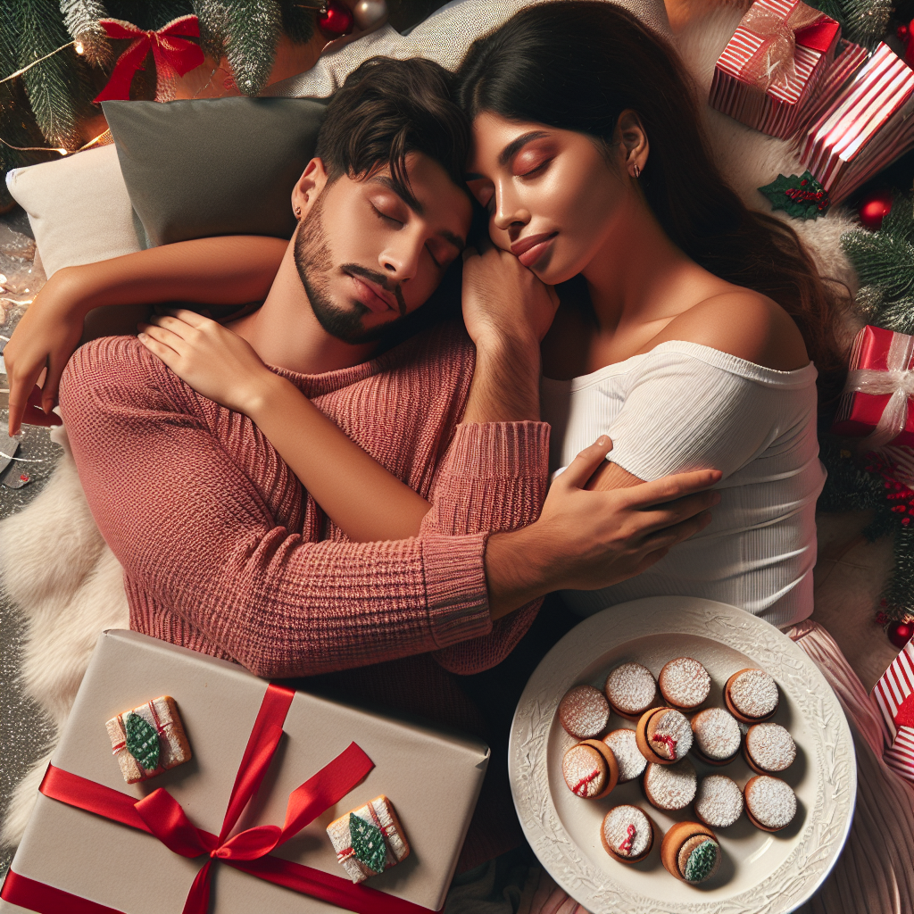 Isidora, Nico, Having a daytime nap together, Hugging, Eating alfajores, Giving and receiving presents, In love, and Couple in love Christmas Card