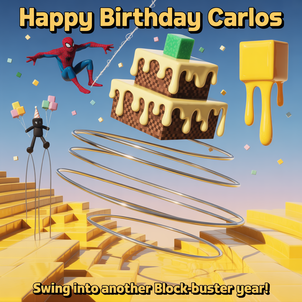 At the top of the Surreal Style image, "Happy Birthday Carlos"

At the bottom of the image, "Swing into another block-buster year!"

Center a Dali-inspired dreamscape where Spider-Man swings on a glistening silver web that morphs into a chain of floating Minecraft blocks. A giant cubic birthday cake hovers in midair, crafted from diamond ore, sponge, and grass blocks, its icing melting into pixelated puddles that flow uphill. The web spirals into impossible loops around the cake, doubling as silky frosting strands. A tall, spindly-legged Creeper in a party hat tiptoes across elongated stilts, clutching cube-shaped balloons, decidedly non-explosive and comically cautious. The landscape is a desert of liquefying voxels, with long-shadowed block towers bending like taffy, and a golden cube-sun dripping honeyed pixels onto the scene. Confetti made of tiny voxels drifts through ethereal, misty light; colors glow in rich crimson, emerald, cobalt, and molten gold. Emphasize dreamlike scale, melting forms, and ethereal lighting, with playful, cheeky energy and a cinematic, slightly low angle. Typography: the top headline woven subtly into the web strands with a metallic shimmer and pixel accents; the bottom punch-line in chunky voxel letters casting soft, surreal shadows.
Generated with these themes: Spider-Man , Minecraft , and .
Made with ❤️ by AI.