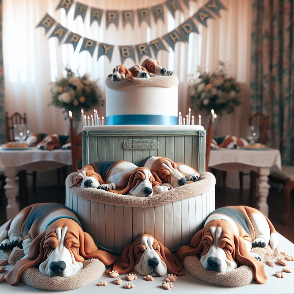 Imagine a heartwarming birthday celebration. The uniqueness of the scene is augmented by the tranquil resting basset hound dogs all around. The room is filled with the soft soundtrack of their peaceful slumber, curled up in plush dog beds placed in nooks and crannies. Above them, birthday banners gently sway, unaffected by the conversational hum of guests who are all drawn to the intricately detailed cake at the center. This edible masterpiece mirrors the serene scene around it and even includes realistic fondant figures of the snoozing canines.
Generated with these themes: Sausage dogs, and Sleeping.
Made with ❤️ by AI.