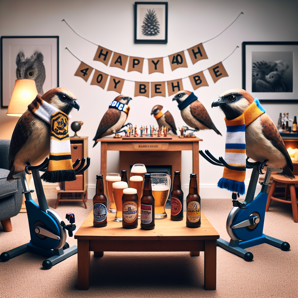 This image presents a cozy living room, where a birthday party is in full swing. Clever birds, adorned with Rangers FC scarves, are engaged in a spirited game of University Challenge, cycling in place on tiny exercise bikes. On the coffee table, craft beer bottles serve as makeshift quiz buzzers. The room is warmly lit and decorated with 'Happy 40th Bee' streamers.
Generated with these themes: Bird watching , Cycling, Rangers FC, Craft beer, and University challenge.
Made with ❤️ by AI.