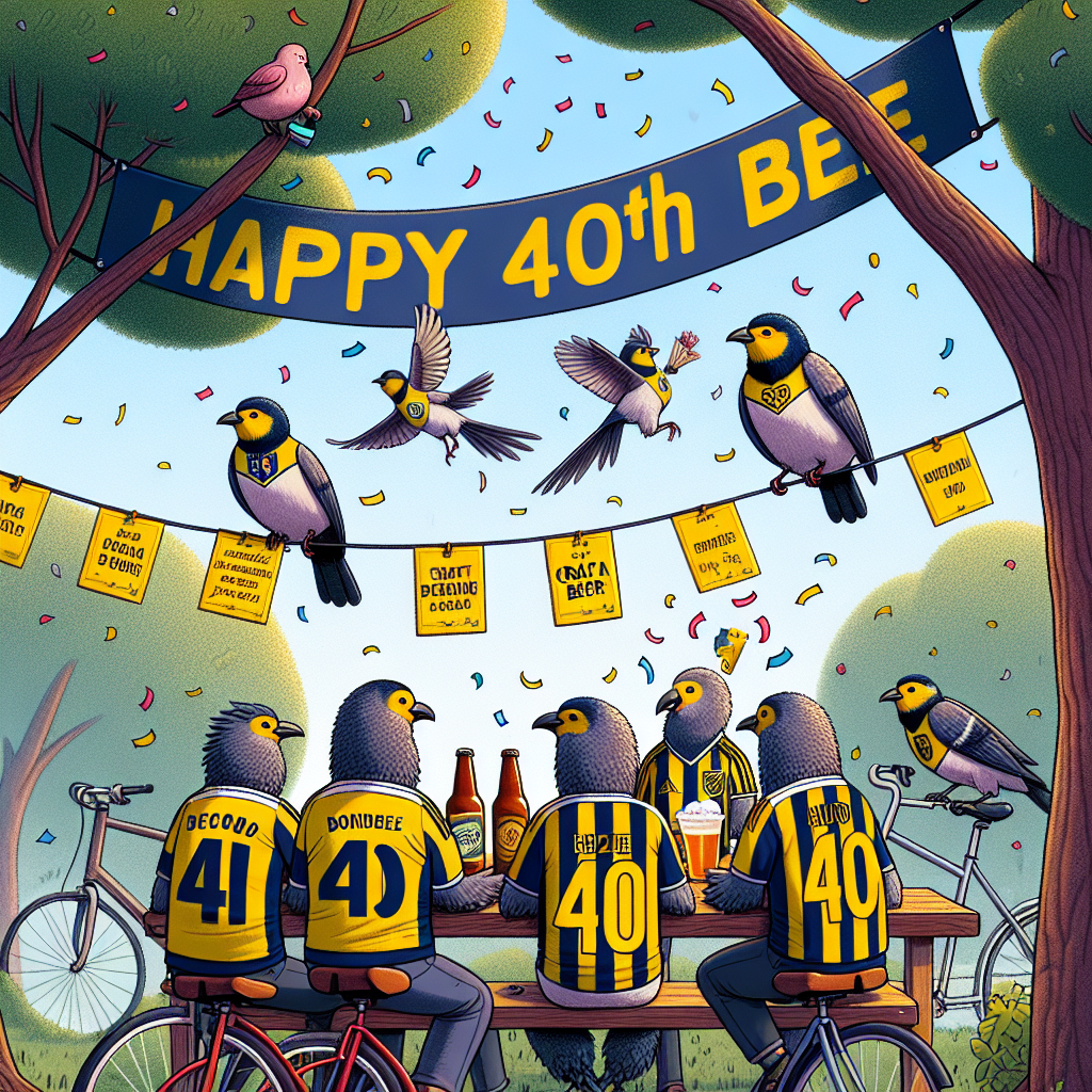 The illustration captures a serene park where cycling birds in Rangers FC jerseys are enjoying a birthday party. They’re gathered around a table laden with craft beer and University Challenge trivia cards, all attentively watching their friends in the bird-watching competition. Overhead, a banner proudly proclaims 'Happy 40th Bee' amidst a flutter of confetti.
Generated with these themes: Bird watching , Cycling, Rangers FC, Craft beer, and University challenge.
Made with ❤️ by AI.