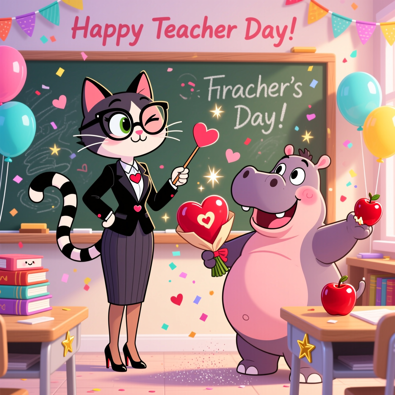 At the top of the Cartoon Style image, Happy Teacher Day!
Full-bleed, portrait scene in playful cartoon style with exaggerated proportions, thick black outlines, and bright saturated colors. In a whimsical classroom, Juliet the anthropomorphic cat-teacher stands by a chalkboard, stylish and flirtatious but tasteful: cat-eye glasses, fitted blazer with heart-shaped buttons, swingy pencil skirt, playful heels; her striped tail curls into a heart and she gives a mischievous wink while holding a heart-tipped pointer. Opposite her, Francis the plump, round hippo (her adoring student-lover) beams with rosy cheeks, big sparkling eyes, and outstretched arms offering a giant heart-shaped bouquet and a shiny red apple with a heart bite. Their poses feel energetic and romantic, with floating hearts, confetti sprinkles, and star-sparkles swirling around them. The classroom decor is festive for Teacher's Day: colorful garlands, balloons, stacks of cute books and a desk with a gold star sticker, chalk dust drifting like tiny hearts; keep background simple so the couple pops. Emphasize tender chemistry - Francis gazes up in awe while Juliet leans in playfully, happy and a little cheeky. Lighting is soft and glowing, with warm highlights and glossy cel-shaded surfaces. Color palette: candy pinks, cherry red, peach, lavender, turquoise, and sunshine yellow; bold graphic shadows, crisp linework.
Place a small, playful caption near the bottom in a handwritten style: "Top of the class in love - thanks, Miss Juliet!"
Generated with these themes: Juliet the cat was a teacher, Francis the fat hippo is Juliet Lover, today is the teacher's day, Francis is a lover and student and wants to thank Juliet for teaching (being) a good lover, Juliet is pretty sexy, and naughty, Hippo Francis Loves her so much , and .
Made with ❤️ by AI.