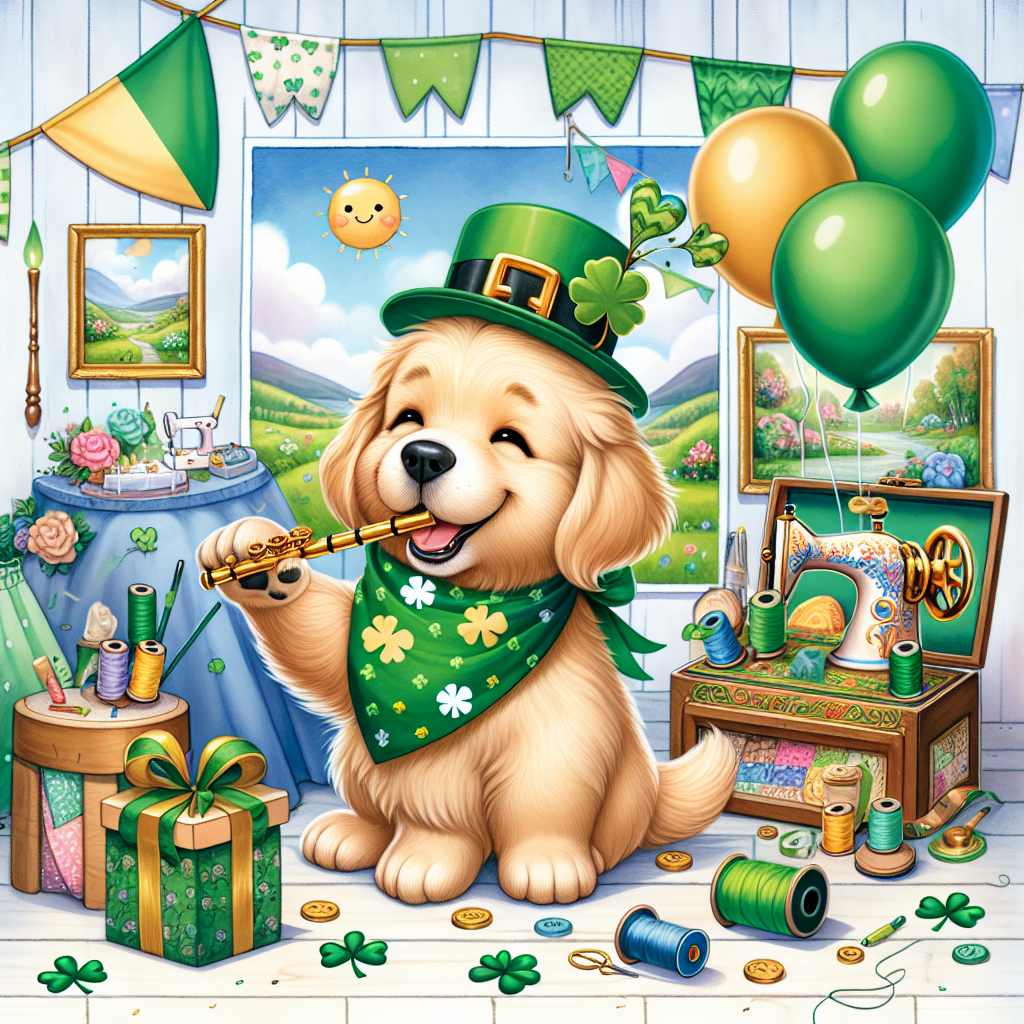 Generate a heartwarmingly cute scenario filled with birthday merriment. The focal point is a cartoon golden retriever embellished with a green, shamrock-patterned bandana joyfully playing a flute. The golden puppy is surrounded by Irish-themed decorations, inclusive of green balloons and flags. A nearby corner is devoted to sewing, showcasing a cartoon sewing kit replete with spools of thread and charming fabric patterns. The birthday area is decorated with watercolour paintings and drawings that capture the beauty of Irish landscapes and portray the adorable allure of golden retrievers. A content sun is peeking from a corner, shedding a warm glow on the jubilant affair.
Generated with these themes: Flute, Ireland, Sewing, Golden retriever , Watercolour painting, and Drawing.
Made with ❤️ by AI.