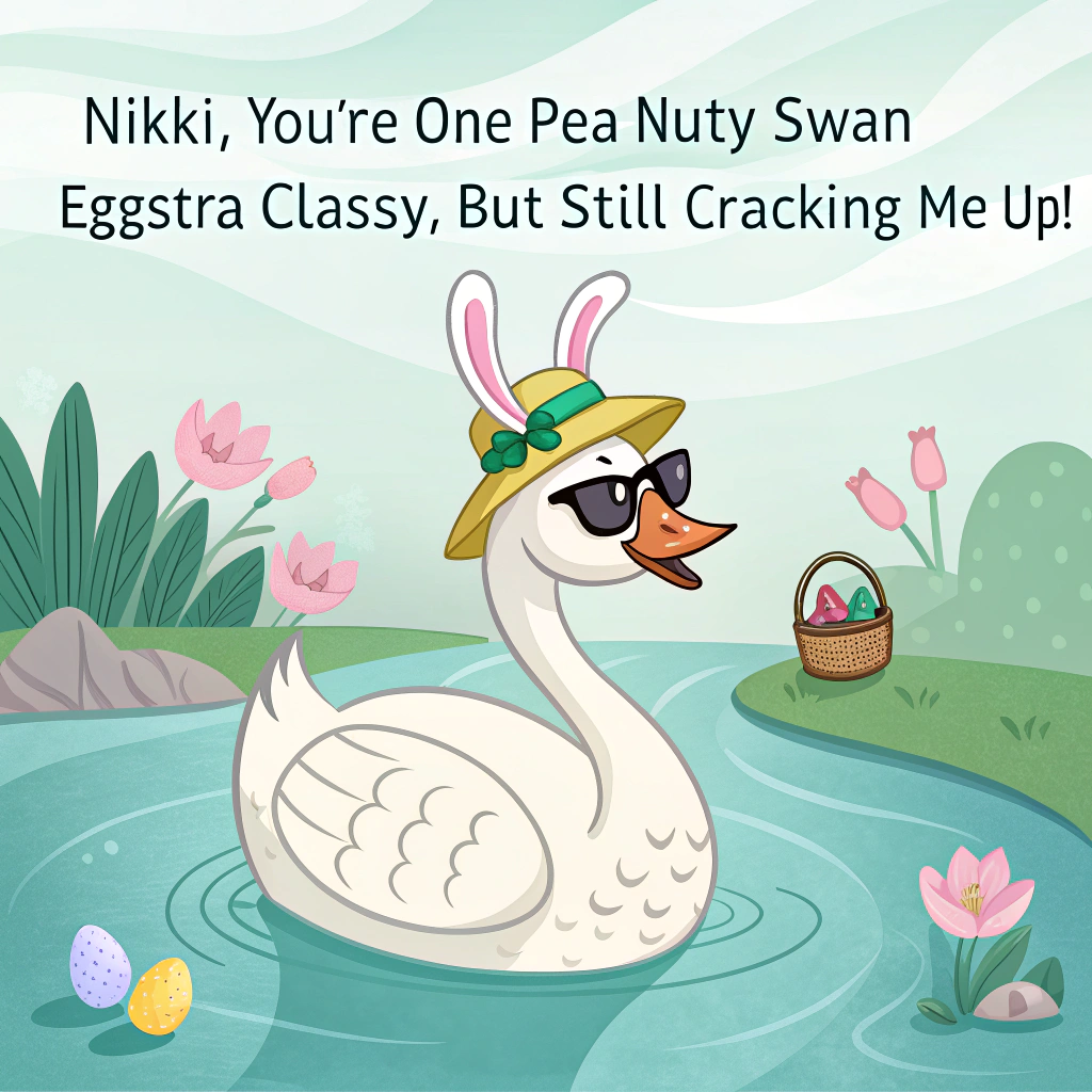 At the top of the image, "Nikki, you're one pea-nutty swan – eggstra classy, but still cracking me up!"

- In the center of the image, illustrate a posh-looking swan wearing oversized sunglasses and a tiny Easter bonnet, elegantly floating on a pea soup lake.  
- On the swan’s back sits a single, smug-looking green pea, sipping carrot juice through a curly straw with pink bunny ears perched jauntily on its head.  
- Around them, Easter eggs bob in the water like pool floats, and a sign reads “Reserved for Royal-Teas and Legu-me's.”  
- A confused Easter bunny in floaties watches from the shore holding a cup labeled “Pea Tea?”  
- The entire scene should feel cheeky, posh-gone-silly, and unmistakably Easter-fied.
Generated with these themes: A swan and a pea.
Made with ❤️ by AI.