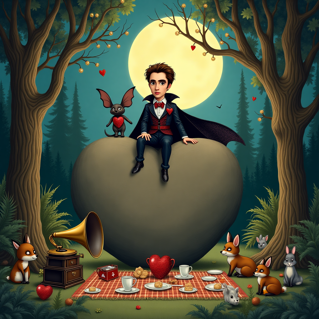 The scene is set in a whimsical woodland clearing under the gentle glow of a full moon. Picture a scene reminiscent of Maurice Sendak's enchanting worlds, with lush, intricately detailed foliage enveloping the area. In the center, a comically oversized heart-shaped boulder serves as a stage, reminiscent of a Norman Rockwell scene full of charm and humor. 

Perched atop this heart-shaped boulder is a caricatured version of Edward Cullen, portrayed in a way that echoes the elegant linework of Aubrey Beardsley, but with a twist of Quentin Blake’s playful looseness. Edward is dressed in a sparkling, over-the-top vampire costume complete with a caped cloak billowing dramatically in the imaginary wind. His hair is tousled into an exaggerated, tousled pompadour, and he holds a glittery, crimson rose, its petals shimmering with an almost ethereal glow akin to Gustave Doré’s mystical illustrations.

Next to him is a large, plush stuffed bat wearing a little bowtie, hanging upside down from a thin branch in a nod to Beatrix Potter's charming anthropomorphized creatures. Below the boulder, a picnic spread is whimsically arranged with porcelain tea cups, heart-shaped cookies, and a vintage gramophone, drawing inspiration from Edward Gorey's love for the macabre yet sophisticated.

In the background, an Edwardian-style phonograph is surrounded by curious woodland creatures that have gathered to listen. A family of foxes, rendered in the lush detail of N.C. Wyeth’s illustrations, are playfully sniffing around, while a couple of rabbits peek out from behind ferns, much like Arthur Rackham’s detailed flora and fauna.

Above the scene, the words "Love You Forever and a Day" are scripted in a whimsical, twining vine-like font that appears to grow naturally from the surrounding trees, a nod to the imaginative lettering often found in Maxfield Parrish’s posters. The overall composition is a delightful tapestry of gothic romance and playful absurdity, capturing the eccentric spirit of a vampire's love story in a fantastical woodland setting.
Generated with these themes: Twilight Edward Cullen, and .
Made with ❤️ by AI.
