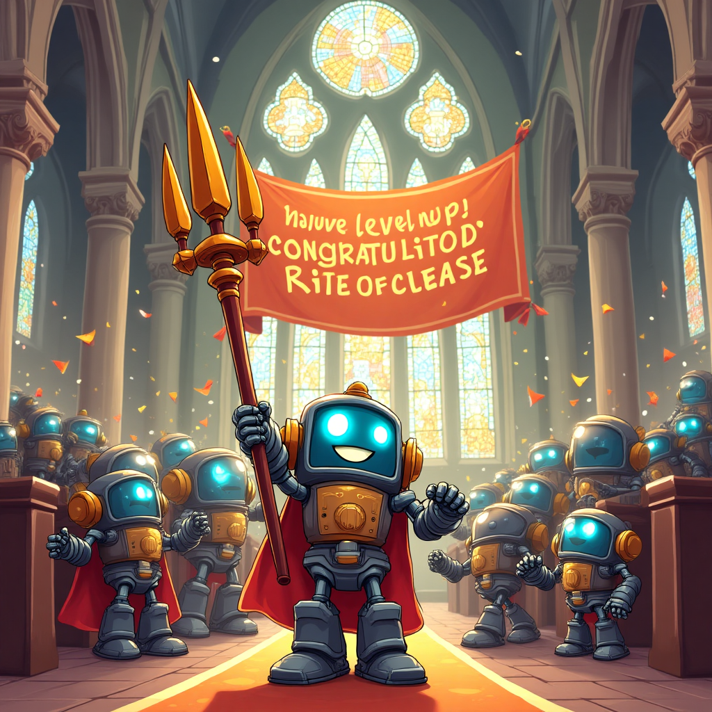 At the top of the Cartoon Style image, **Onnea rippipäivänä!**

**Image Description:**

Create a whimsical and colorful cartoon scene set inside a grand, cathedral-like church. The church is bustling with joyous robots, each dressed in medieval Warhammer-style armor, yet animated with bright, friendly faces. One robot, holding a large ceremonial Warhammer staff, is smiling broadly and leading a parade of smaller, jubilant robot companions.

The robots are gleefully celebrating, tossing digital confetti into the air, which sparkles in bright shades of gold and silver. Stained glass windows line the church walls, depicting heroic robotic figures, glowing with vibrant colors as sunlight streams through.

Above the celebratory robots, a playful banner hangs between the church's towering arches, reading in cheerful, cartoonish lettering: "You've leveled up! Congratulations on your rite of passage!" 

This scene captures a sincere and festive mood, perfectly suited for a congratulatory greeting.
Generated with these themes: Warhammer, robots, church, and .
Made with ❤️ by AI.