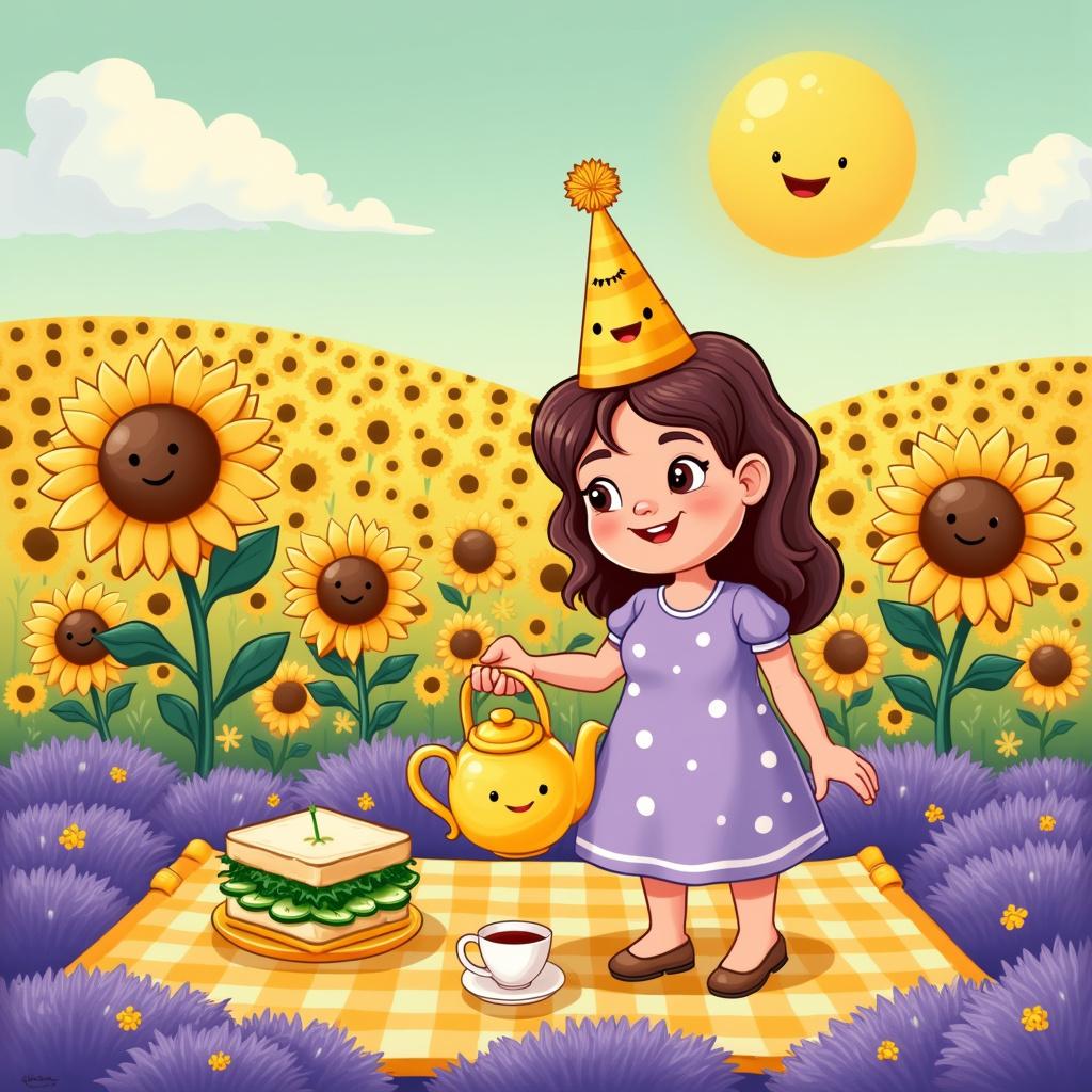In this birthday scene, a comically large sun dominates the upper right corner, casting a warm glow over a stylized, vibrant yellow field. Cartoonish, oversized sunflowers with friendly faces line the horizon, giving a nod to the birthday theme. In the foreground, a mother character, with a playful smile and eyes, stands in the center of a caricatured lavender field. She's holding a large, light yellow teapot with smiley-face motifs and pours tea into a matching teacup. A polka-dot dress in shades of purple and yellow adorns her, complemented by a party hat decorated with miniature sunflowers and teacups. On the ground, a cartoon cucumber sandwich, with green edges peeping out comically from the bread, sits atop a color-coordinated plate. This picnic setup is placed atop a checkered blanket, pairing well with the surrounding flora's exaggerated round shapes and pastel colors. Each item exudes charm, outlined with thick lines to maintain the adorable cartoon aesthetic.
Generated with these themes: Mum, Tea, Yellow, Lavender field, Sunflowers , and Cucumber sandwich .
Made with ❤️ by AI.
