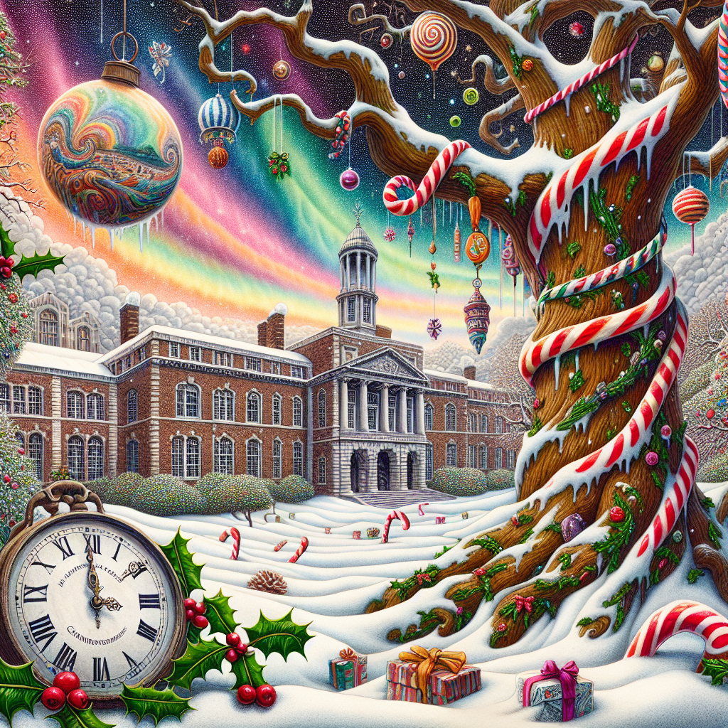 A whimsical scene depicting the Newcastle University landscape department transformed into a Christmas wonderland. In the foreground, a melting clock drapes over a snow-covered holly bush, while in the background, the department's building twists playfully into candy cane stripes. A wise old oak tree is adorned with ornaments defying gravity, floating gently around its branches. The sky above swirls with a vibrant aurora of festive colors, and in the midst of this dreamlike landscape, the text 'May the true spirit of Christmas shine in your heart and light your path' glows warmly, written in the snow.
Generated with these themes: Newcastle university landscape department christmas card.
Made with ❤️ by AI.