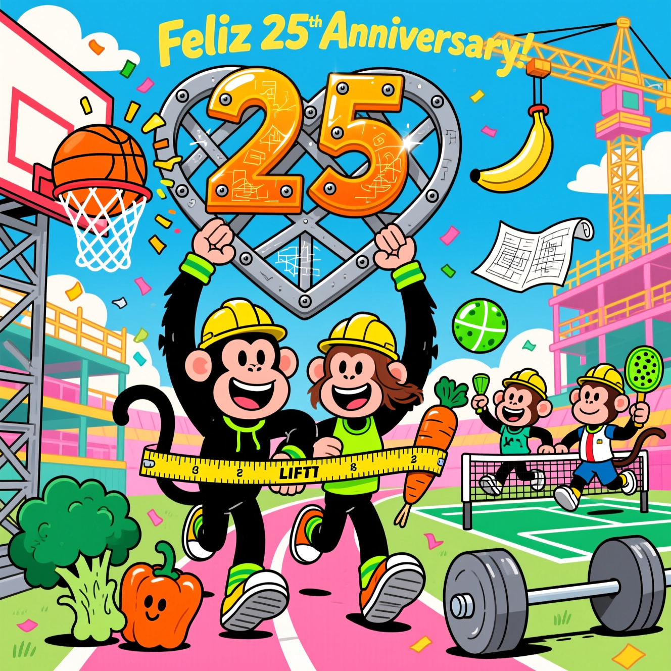 At the top of the Cartoon Style image, Feliz 25th Anniversary!

Vertical, poster-like composition in a bright, playful cartoon style: exaggerated, big-headed monkeys with goofy grins and thick black outlines, vibrant saturated colors, and zippy motion lines. Center stage, a jubilant monkey couple in matching neon sweatbands and tiny yellow hard hats is RUNNING through a finish line made from a tape measure, while LIFTING a giant heart-shaped steel truss that forms a gleaming “25” overhead—bolts, rivets, and blueprint scribbles visible for a fun structural engineering twist. Behind them, a whimsical construction-sports arena: candy-colored scaffolding, a crane holding a dangling celebratory banana-shaped air horn (no text), and floating blueprint pages curling like banners.

Left side: a springy monkey soars to dunk an oversized orange BASKETBALL into a hoop bolted to the scaffolding; confetti explodes as he hangs from the rim. Right side: two cheeky monkeys rally on a tiny PICKLEBALL court—paddles with chunky outlines clack at a perforated neon-green wiffle ball mid-air; the net looks like rolled-out blueprint paper with grid lines. Foreground corner: a stocky gym-bro monkey curls a barbell made from an I-beam, the “weight plates” being a giant broccoli and a bell pepper, veins popping in a silly way.

VEGGIES as adorable mascots cheer them on: a broccoli in a referee shirt blowing a whistle, a carrot twirling pom-poms, a bell pepper doing a cartwheel; they wear tiny hard hats and sweatbands to bridge the sports/engineering gag. A looping track arcs around the scene with more monkeys RUNNING—one with tied-together shoelaces for slapstick, another sprinting while balancing a blueprint tube.

Color palette: punchy teals, hot pinks, sunshine yellows, lime greens, and mandarin oranges. Bold thick outlines, simple cel shading, sparky highlights, and confetti/streamers everywhere. Sky of candy-blue with a few fluffy clouds shaped like hearts and little geometry symbols (triangles, beams) to nod at engineering.

Place the main text “Feliz 25th Anniversary!” at the top in huge, hand-lettered, bouncy bubble letters with a thick dark outline and a vibrant drop shadow; confetti bursts and sparkles behind it.

At the bottom, include a small cheeky caption on a ribbon banner: Powered by veggies, blueprints, and big dunks!
Generated with these themes: Running, Monkeys, Lifting weights, Pickleball, Structural engineering, Veggies, Basketball, and .
Made with ❤️ by AI.