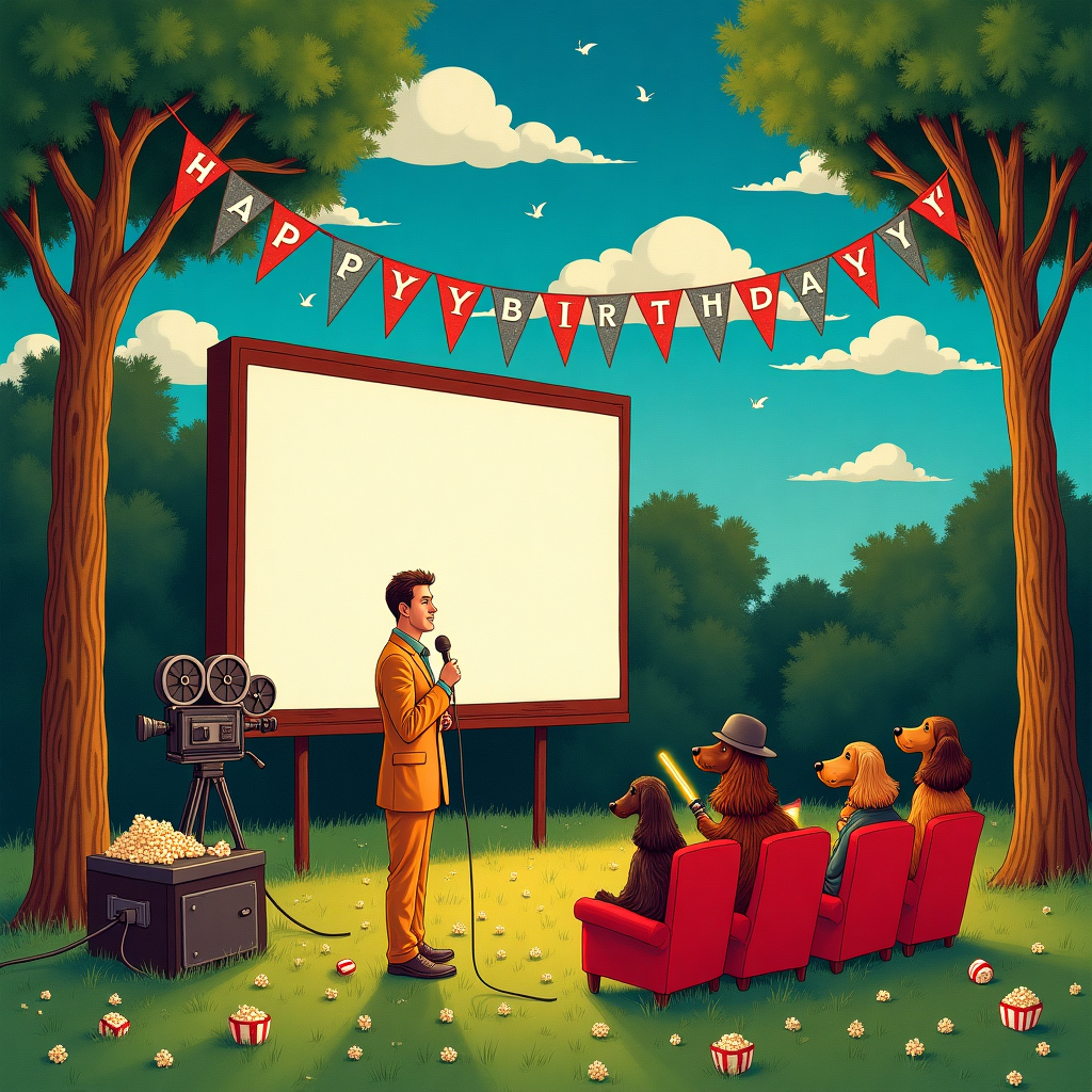In this whimsical birthday greeting card design, picture a bustling outdoor movie theater scene, reminiscent of a small-town drive-in, yet infused with surreal charm and humor. The backdrop features a retro-style movie screen surrounded by lush, hand-drawn foliage, capturing the essence of Maxfield Parrish’s dreamy landscapes. Center stage is a playful caricature of David Byrne, depicted in a cartoonish manner with exaggerated features and his signature oversized suit, à la Norman Rockwell meets Quentin Blake. He stands poised on a small stage next to the movie screen, microphone in hand, serenading a gathering of spaniels seated in miniature, plush theater seats. Each spaniel is dressed as an iconic movie character, such as a Sherlock Holmes-inspired spaniel with a deerstalker hat and pipe, and another as a Jedi pup wielding a glowing stick, casting a gentle light over its furry face.

Above the screen, in the sky, fluffy clouds are shaped into letters spelling "Happy Birthday Finny!" with a whimsical touch that channels the intricate yet playful designs of Edward Gorey. A row of colorful bunting hangs between two sturdy trees framing the scene, each flag painted with a single letter of "FINNY" in a vibrant and cheerful font. Below, the ground is scattered with popcorn and film reels, while a classic film camera—brought to life with Arthur Rackham’s attention to detail—sits idly by the theater entrance, its lens pointed skyward as if capturing the magic of the moment. The scene bursts with dynamic detail, from the textured fur of the spaniels to the intricate patterns on David Byrne’s suit, creating a delightful and humorous homage to film, music, and canine charm, all in celebration of Finny’s special day.
Generated with these themes: David Byrne, Movies, and Spaniels.
Made with ❤️ by AI.